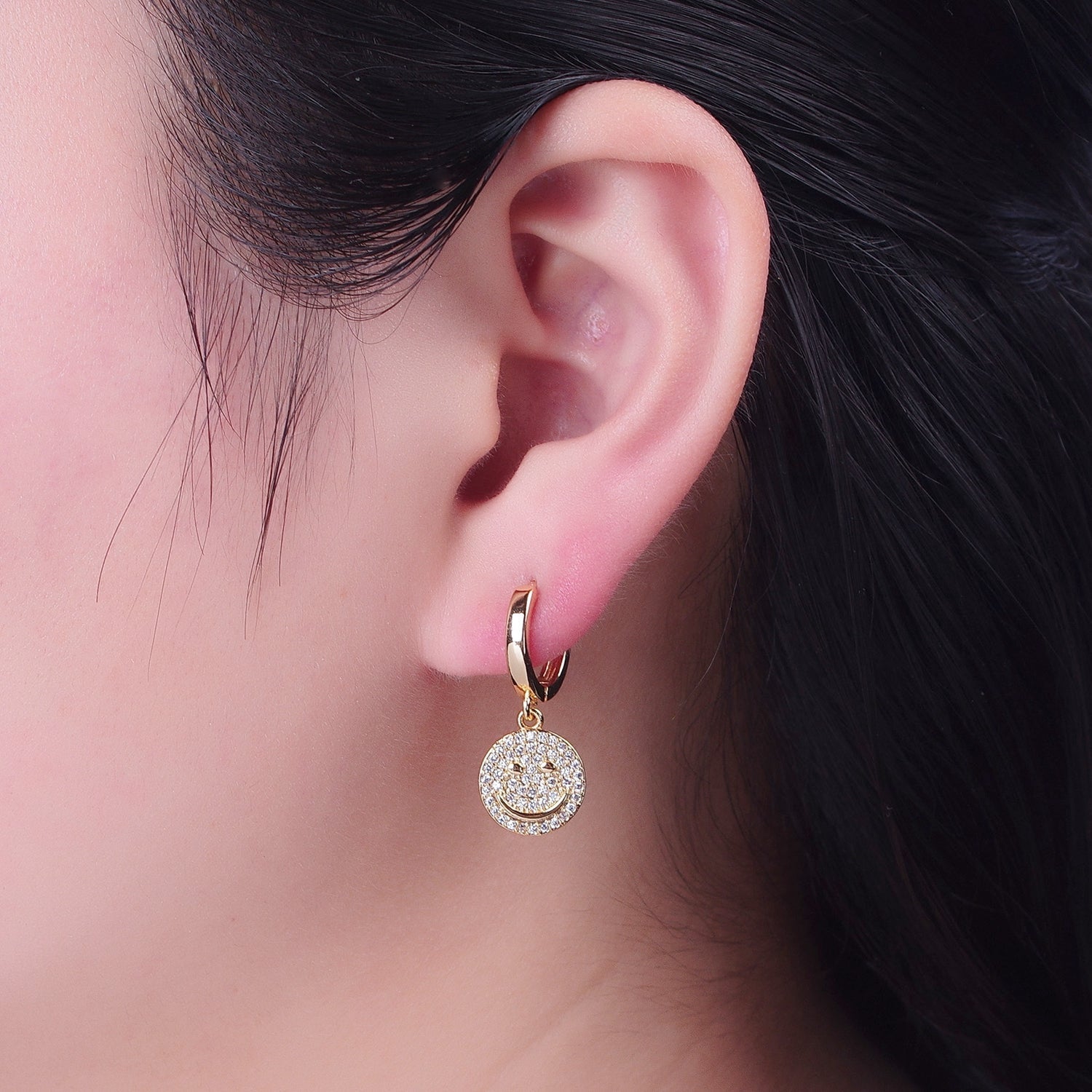 24K Gold Filled Micro Pave Cubic Zirconia Smiley Face Charm Dangle Drop Earrings W720 - DLUXCA