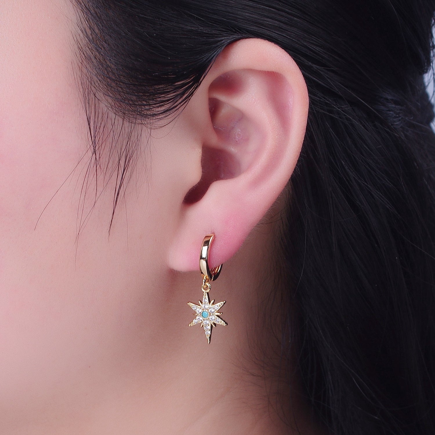 24K Gold Filled Micro Pave Clear CZ Turquoise Celestial Star Charm Dangle Drop Earrings W714 - DLUXCA