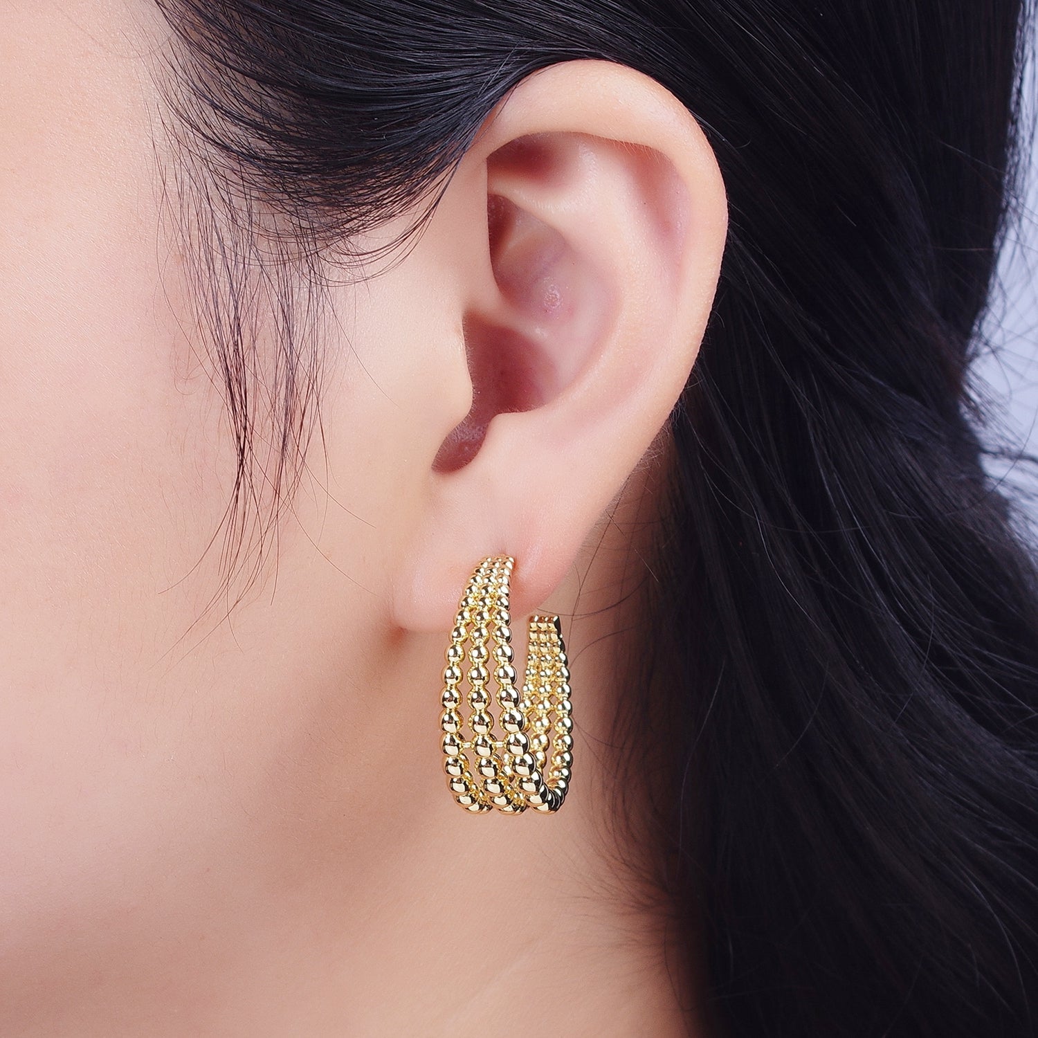 Beaded Hoop Earrings | Tripe Medium Hoop Earrings | Gold Hoop Earrings | Statement Beaded Earring G-916 - DLUXCA
