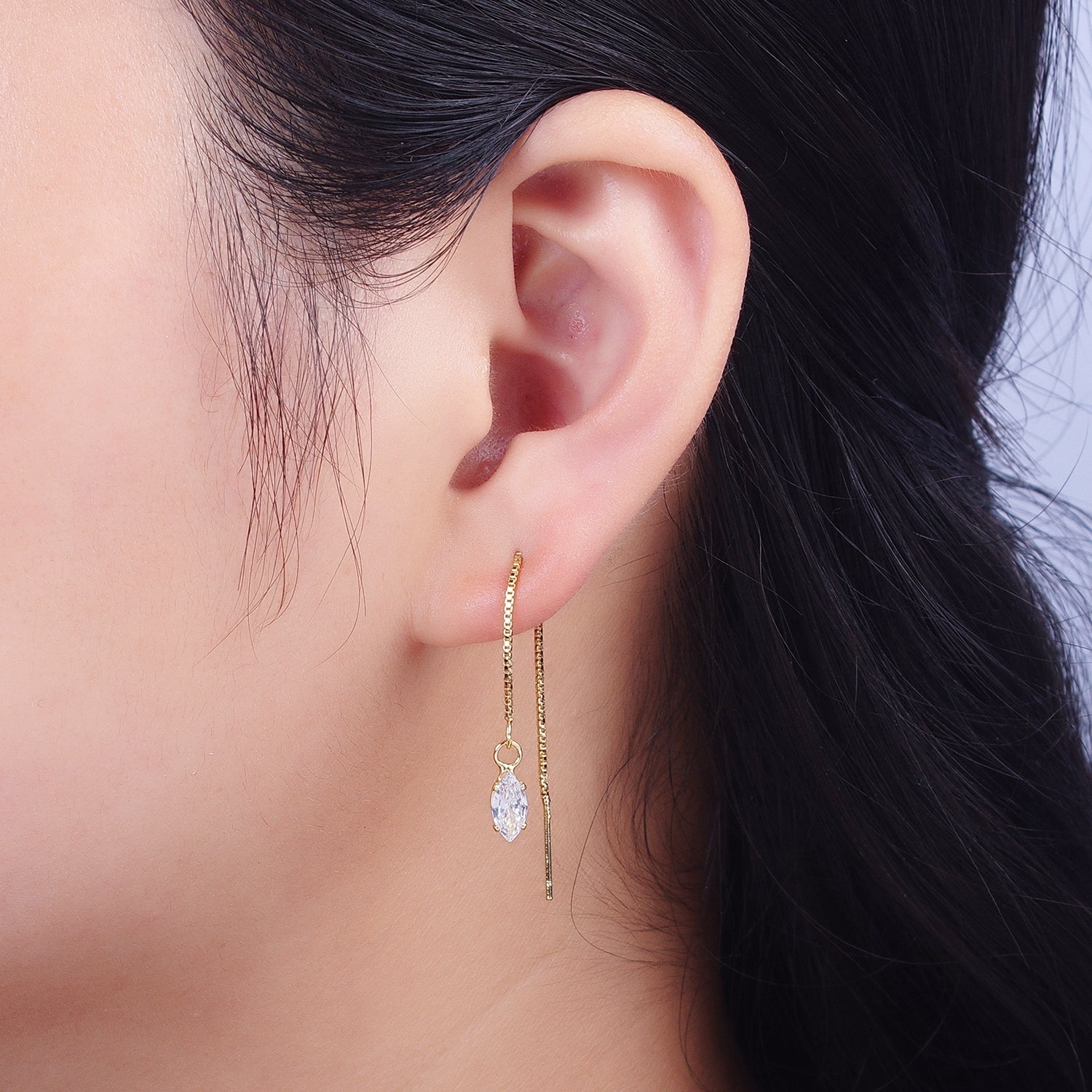 Gold Clear Marquise Cubic Zirconia Box Chain Threader Womens Earrings | G917 - DLUXCA