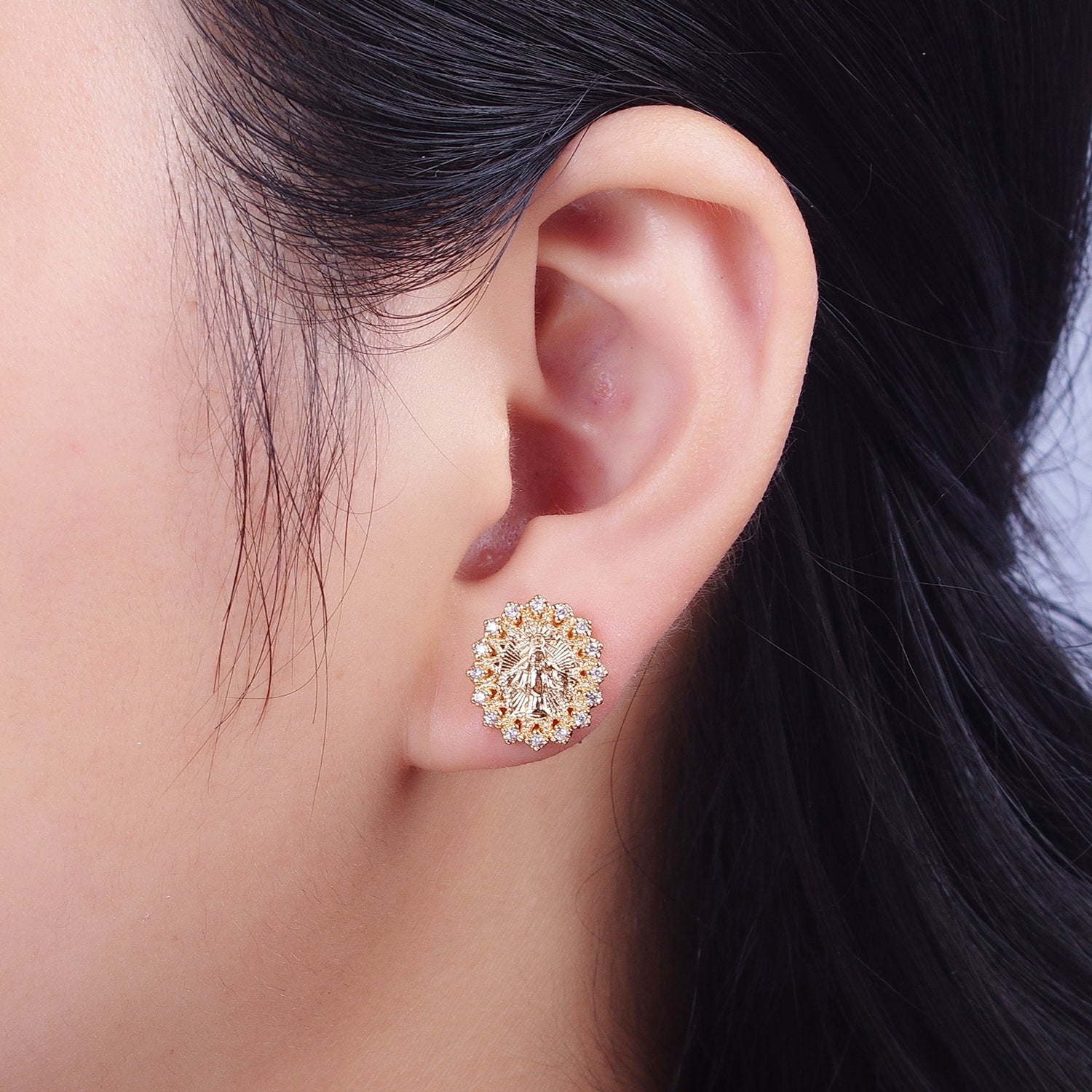 Micro Pave Gold Virgin Mary Stud Earring SUN Medallion Miraculous Lady Earring Catholic Religious Jewelry Gift G-922 - DLUXCA