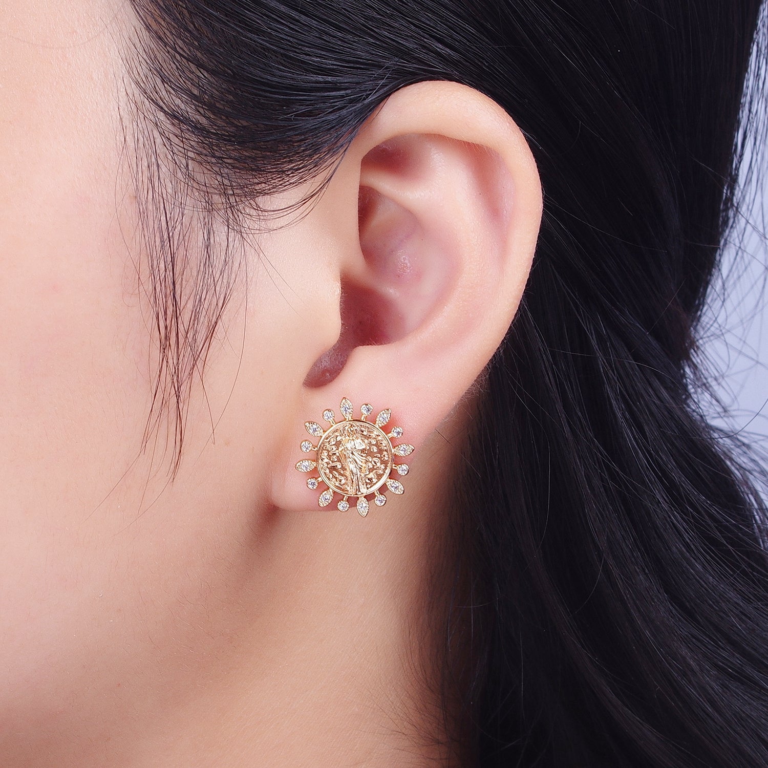 Gold Saint Jude Stud Earring Sun Medallion San Judas Earring Catholic Religious Jewelry Gift G-924 - DLUXCA