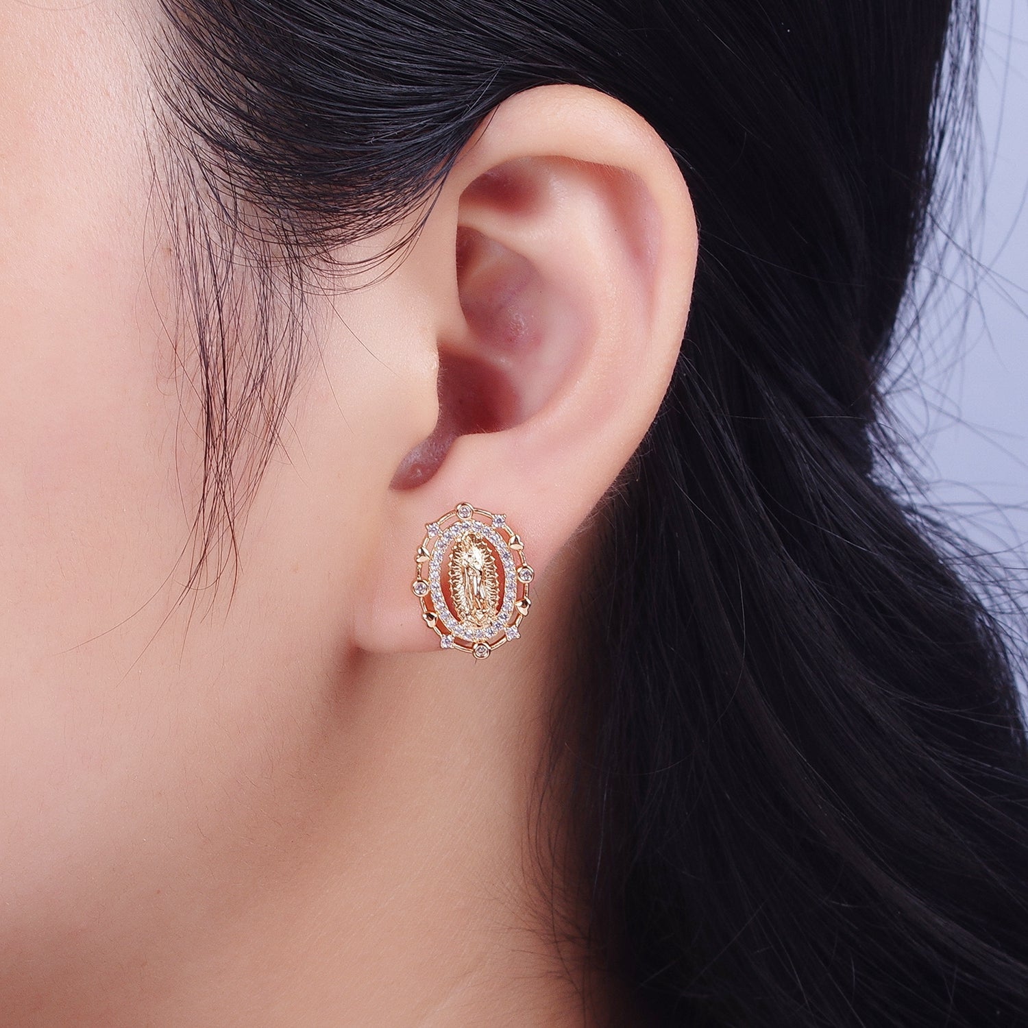18K Gold Heart Round Micro Paved CZ Lady Guadalupe Virgin Mary Religious Stud Earrings | G930 - DLUXCA