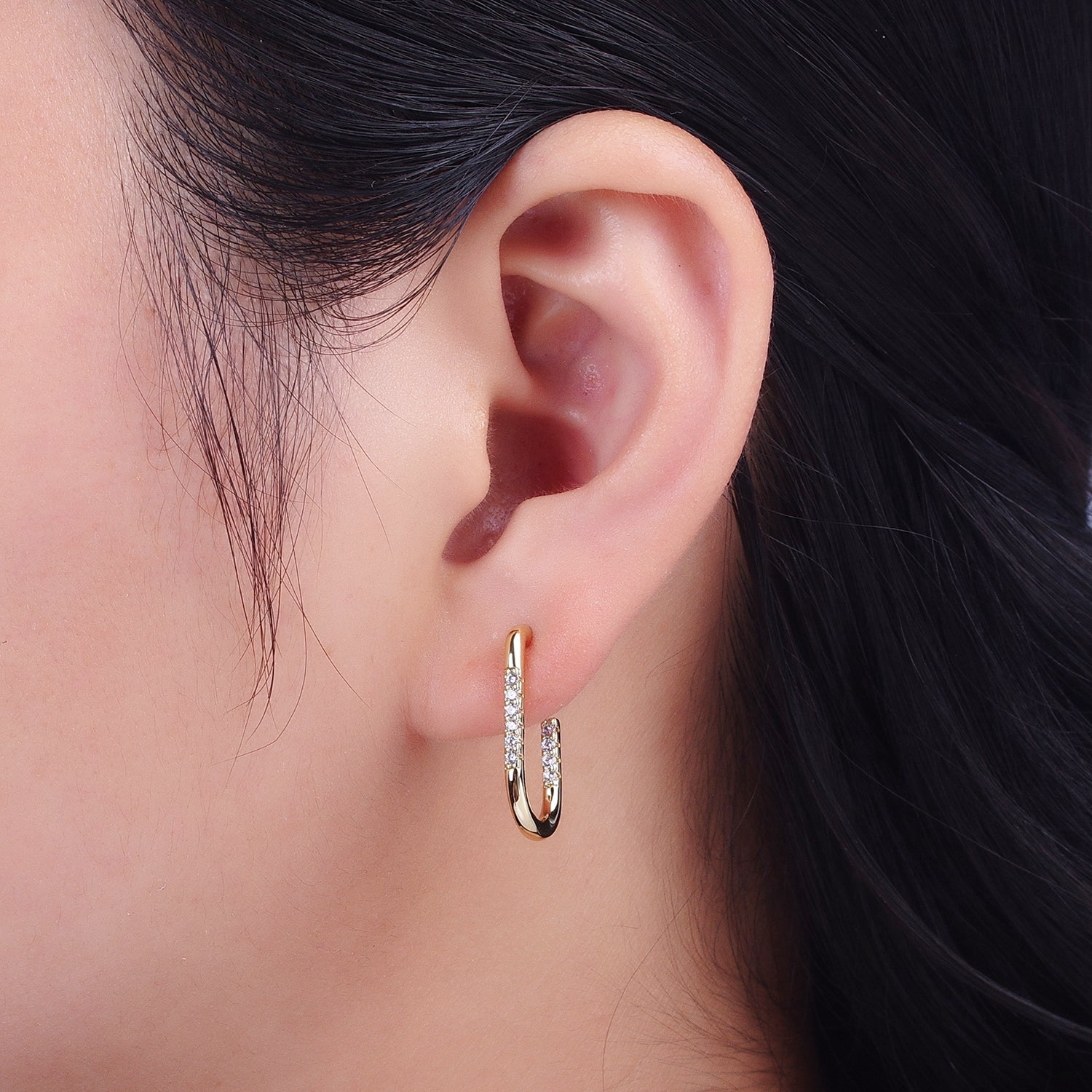 Micro Paved CZ J Shaped Geometric Gold Stud Hoop Earrings | Y053 - DLUXCA
