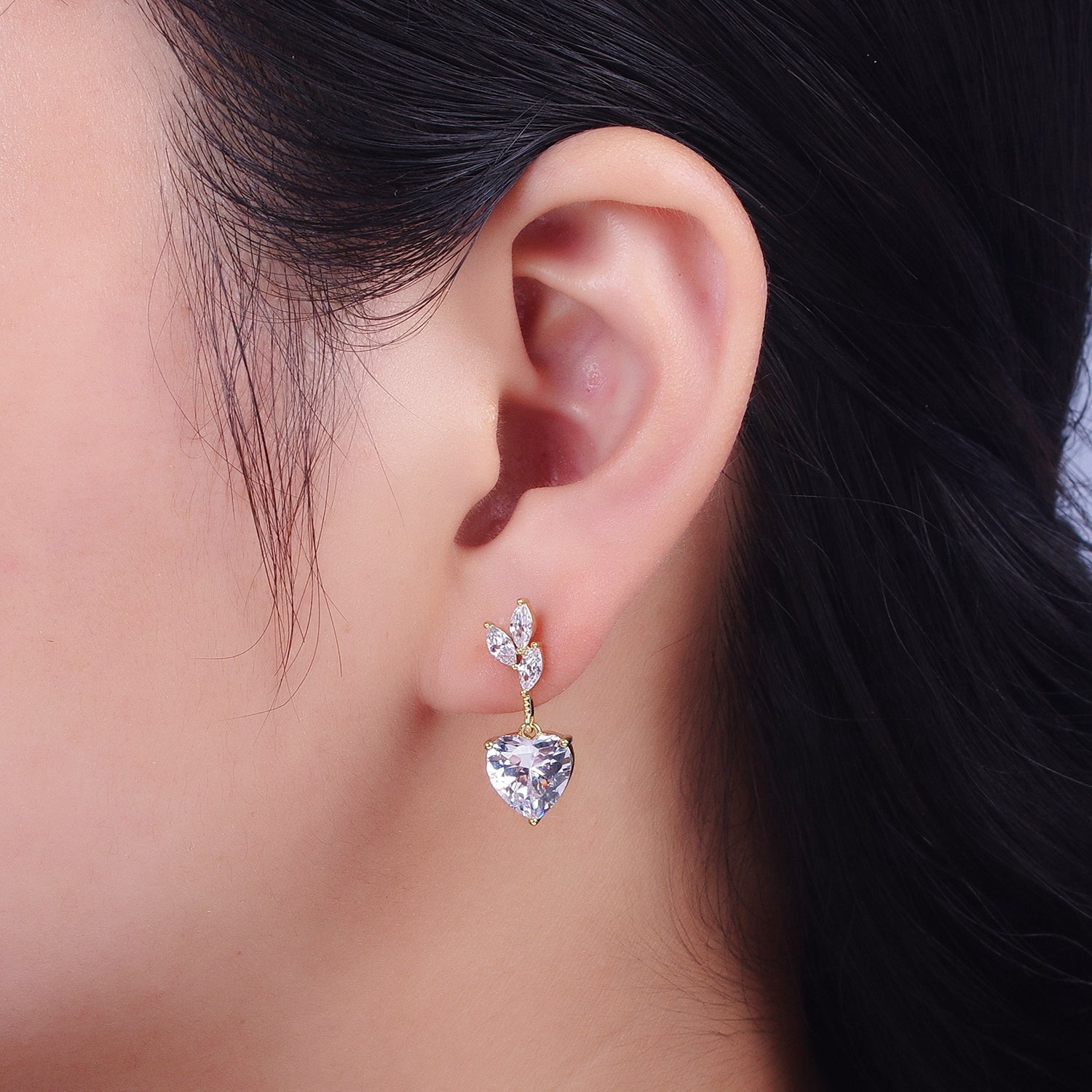 14K Gold Filled Heart Marquise Cubic Zirconia Dangle Drop Stud Earrings | Y057 - DLUXCA
