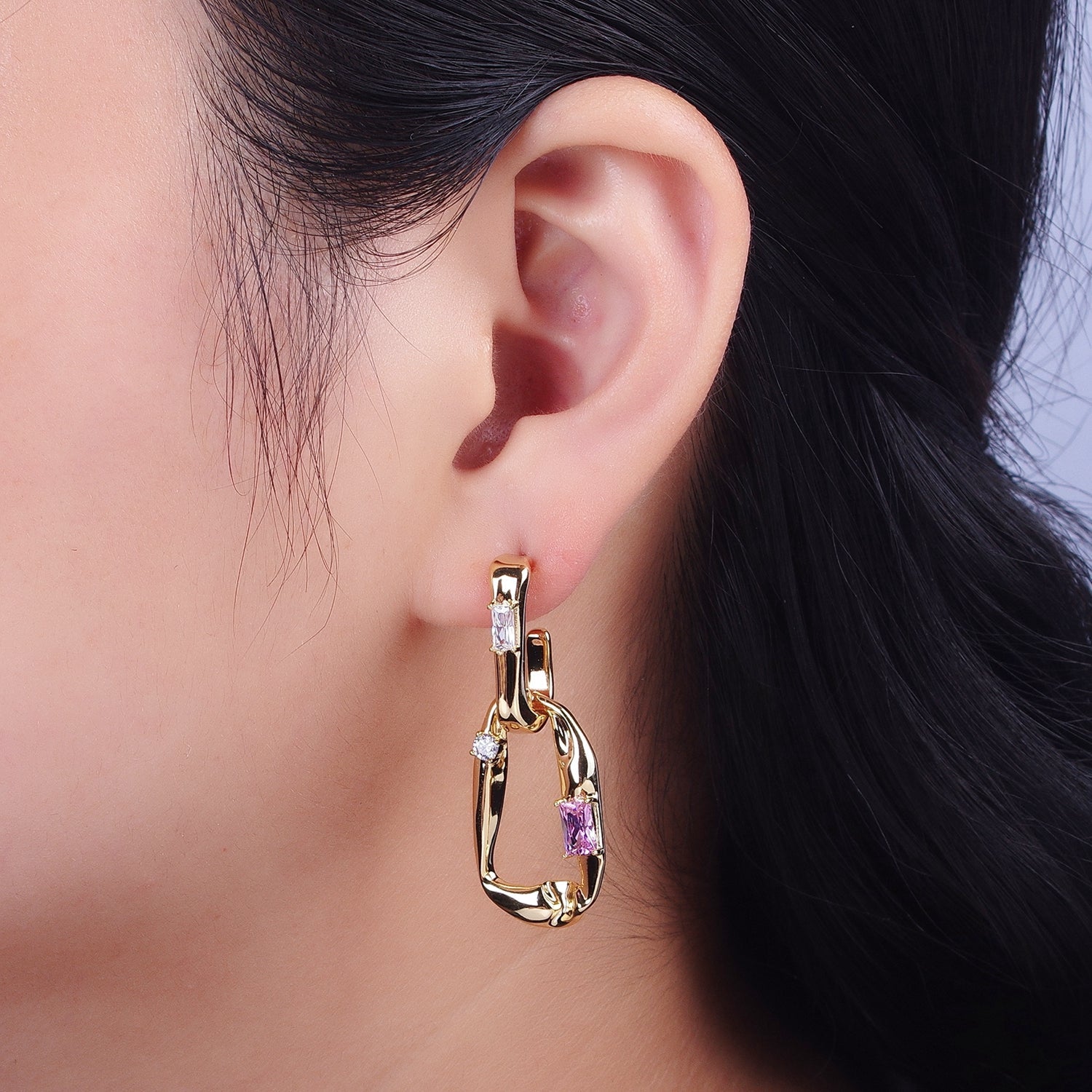 Gold Hammered J Shaped Hoop Abstract Baguette Cubic Zirconia Dangle Drop Stud Earrings | Y060 - DLUXCA