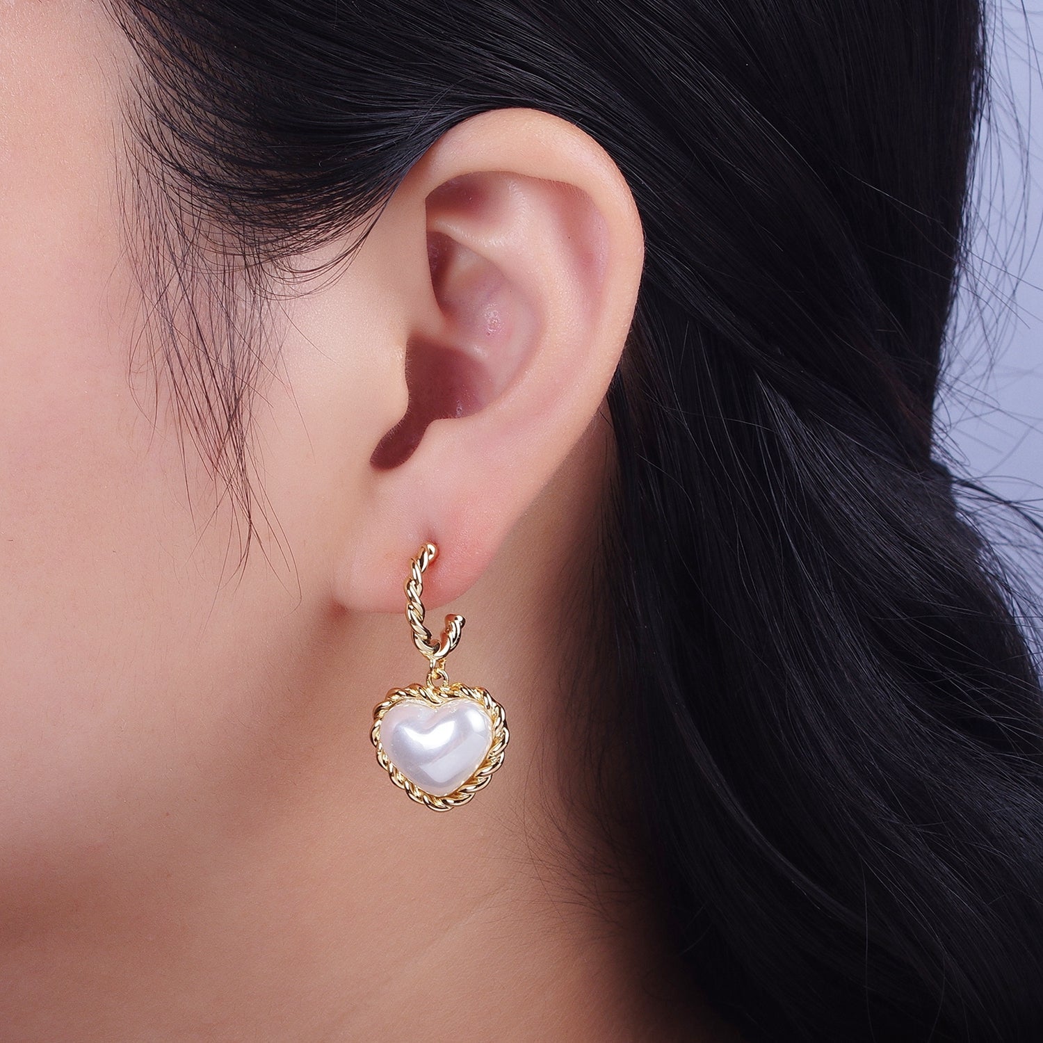 Gold Twist Rope C Shaped Hoop White Shell Heart Pearl Dangle Drop Stud Earrings | Y061 - DLUXCA