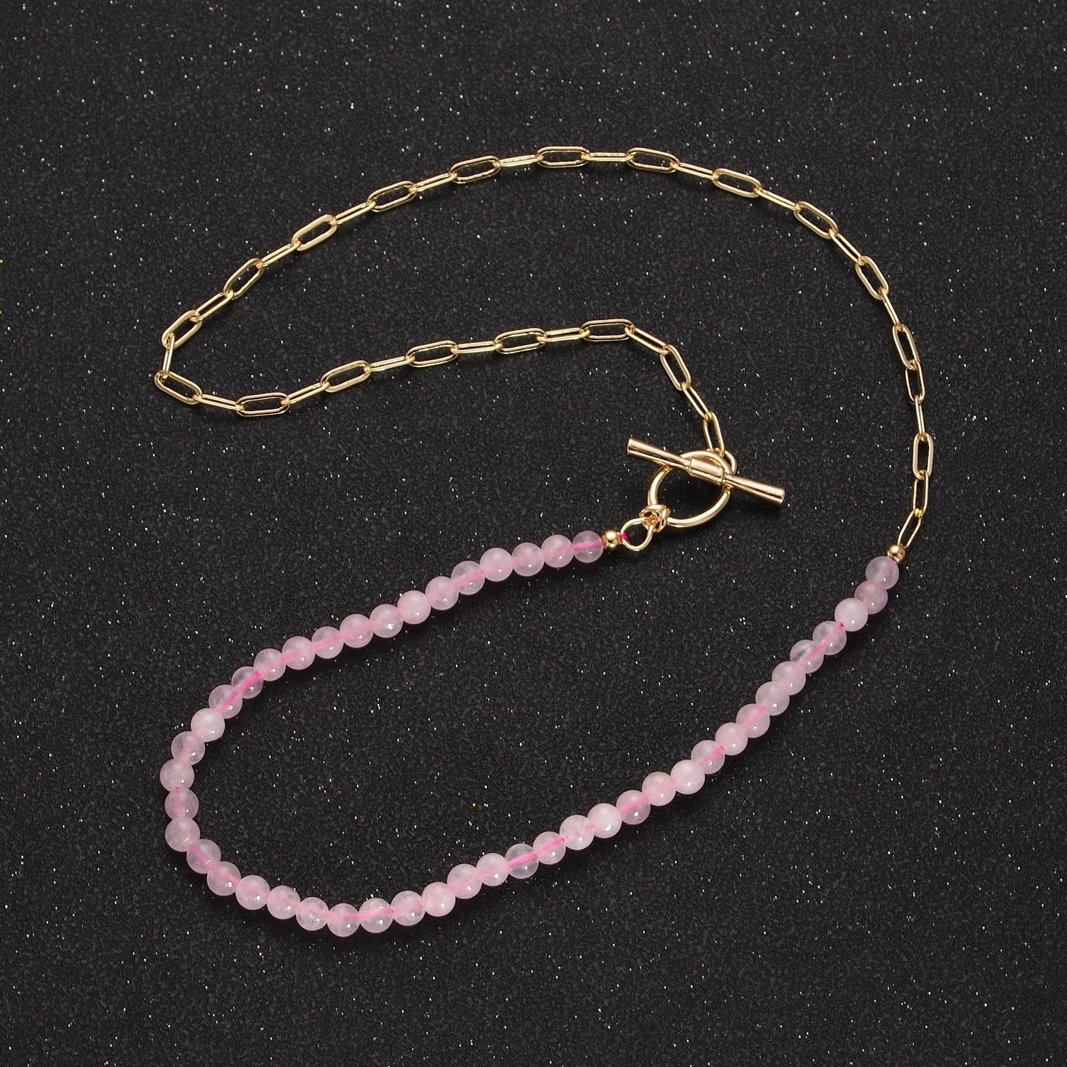 Dainty Half Bead Half Link Chain Necklace, 24k Gold Filled Paperclip Chain with Pink Quartz Necklace with Oval Toggle Clasps WA-1019 - DLUXCA