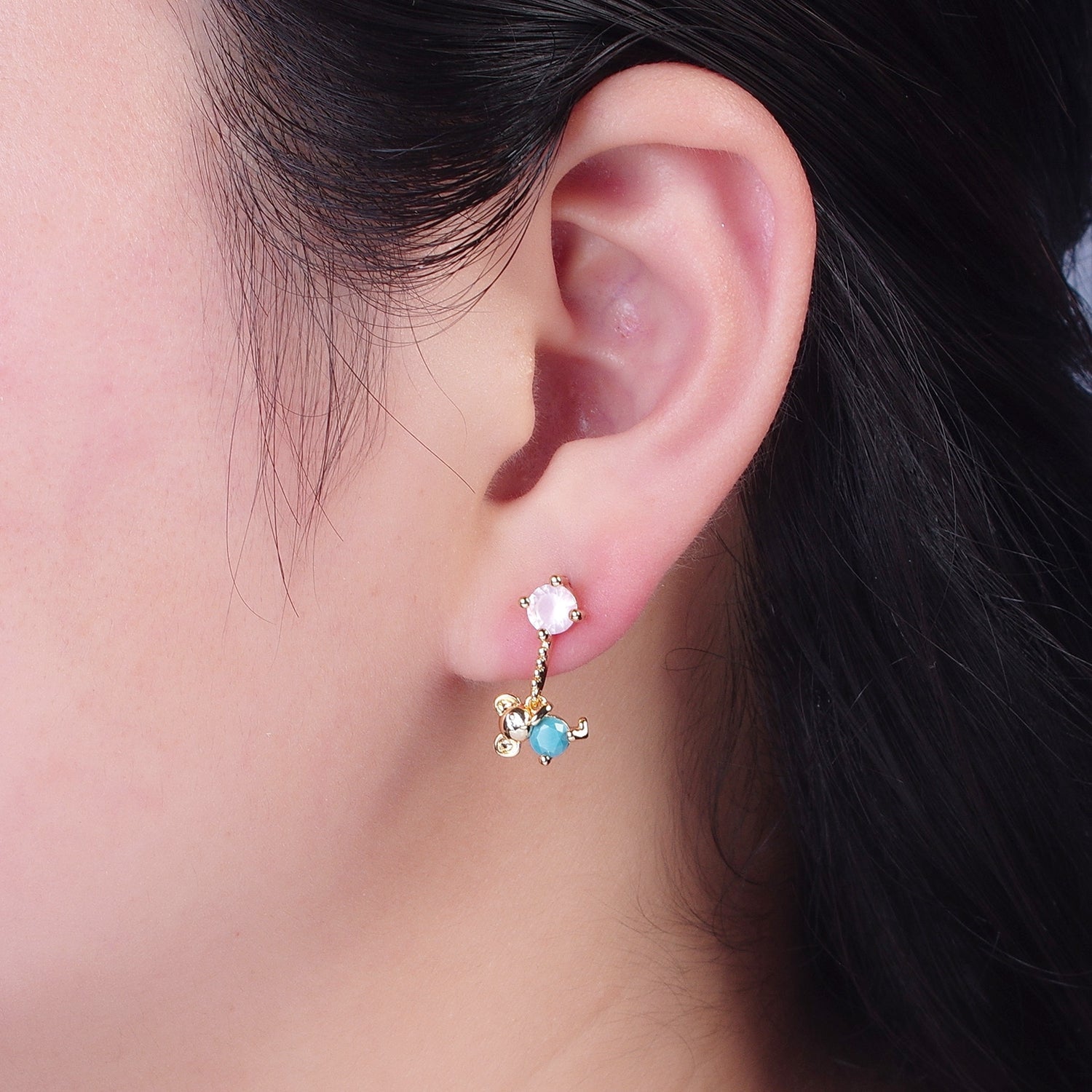 24K Gold Filled Cute CZ Pink Round Studs with Tiny Mouse Blue Cubic Zirconia Charm Dangle W-752 - DLUXCA