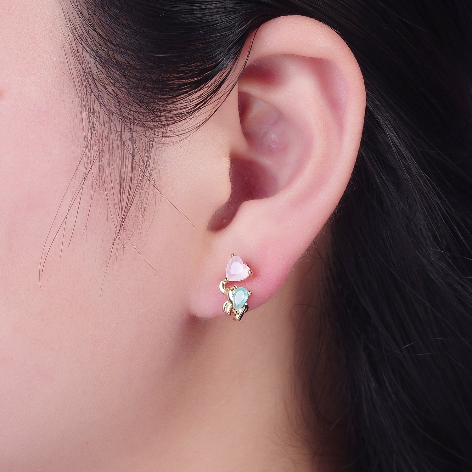 24K Gold Filled Dainty Pink CZ Heart with Green CZ Elephant Stud Earrings W-743 - DLUXCA