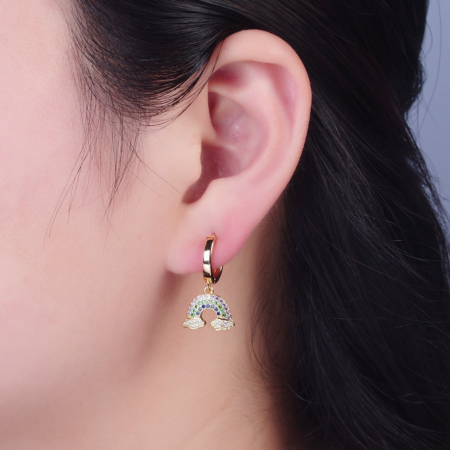 24K Gold Filled Micro Pave CZ Rainbow Charm Huggie Hoop Earrings W-740 - DLUXCA