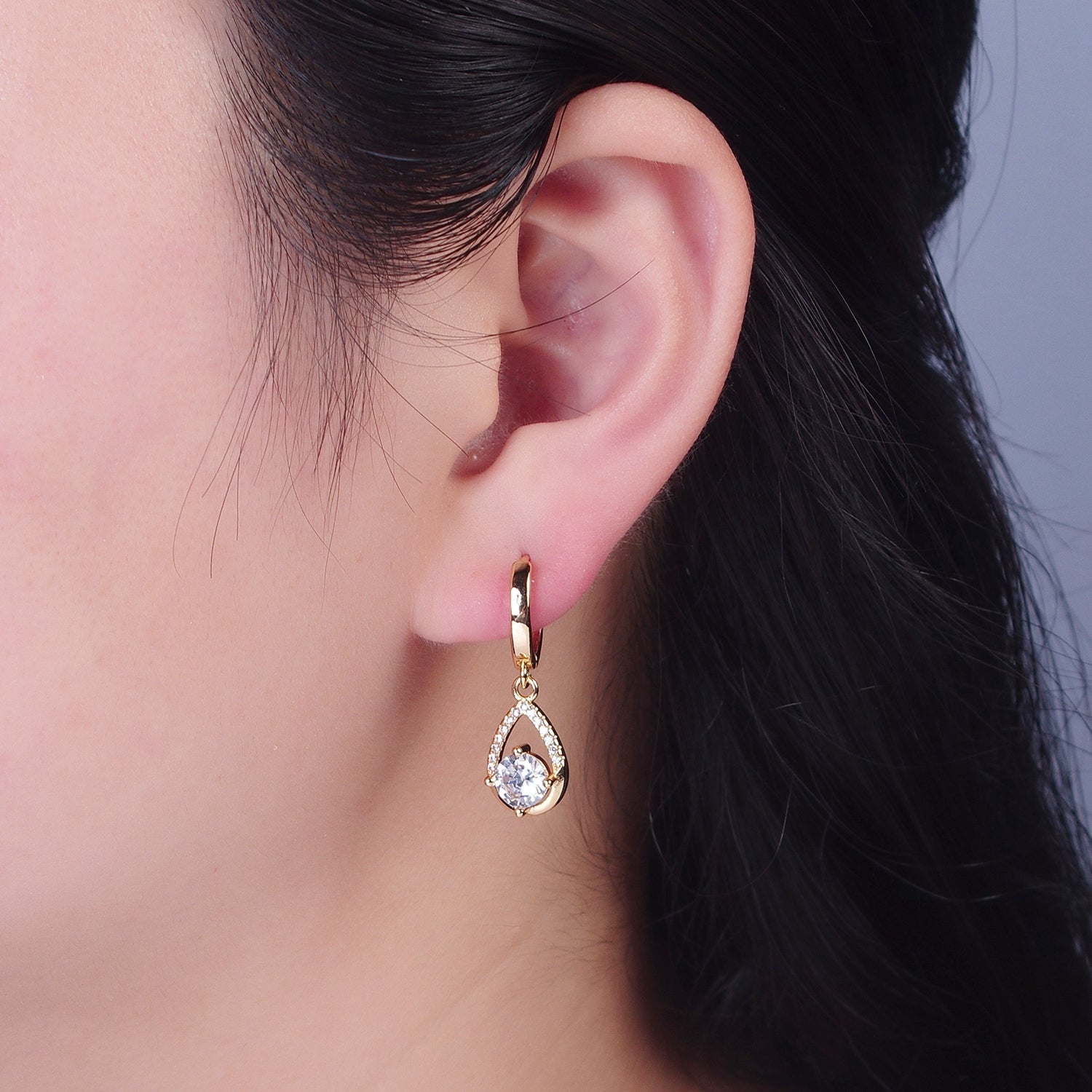 24K Gold Filled Teardrop Clear Cubic Zirconia Charm Dangle, Micro Pave Round CZ Dangle Huggie Hoops Earrings W-741 - DLUXCA