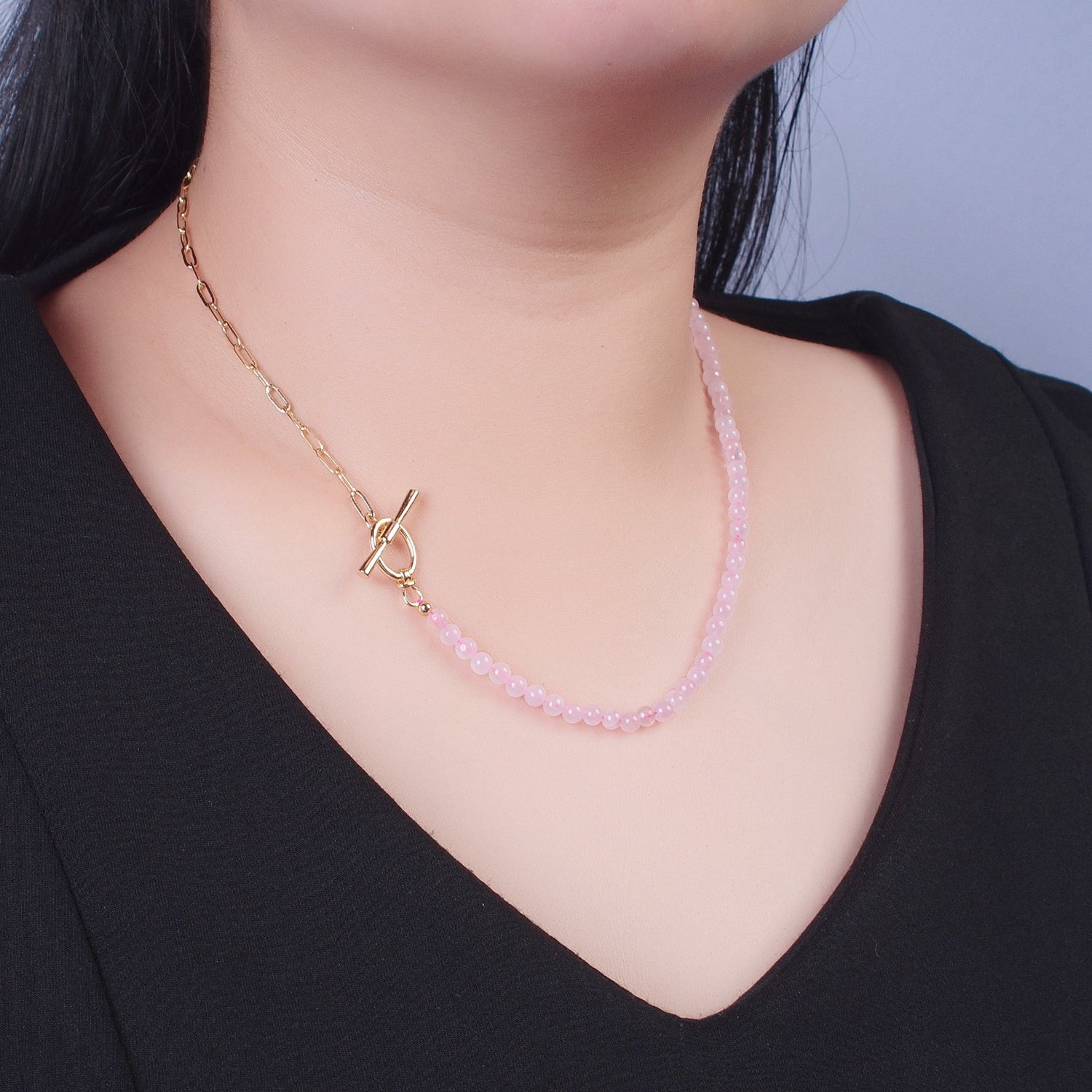 Dainty Half Bead Half Link Chain Necklace, 24k Gold Filled Paperclip Chain with Pink Quartz Necklace with Oval Toggle Clasps WA-1019 - DLUXCA