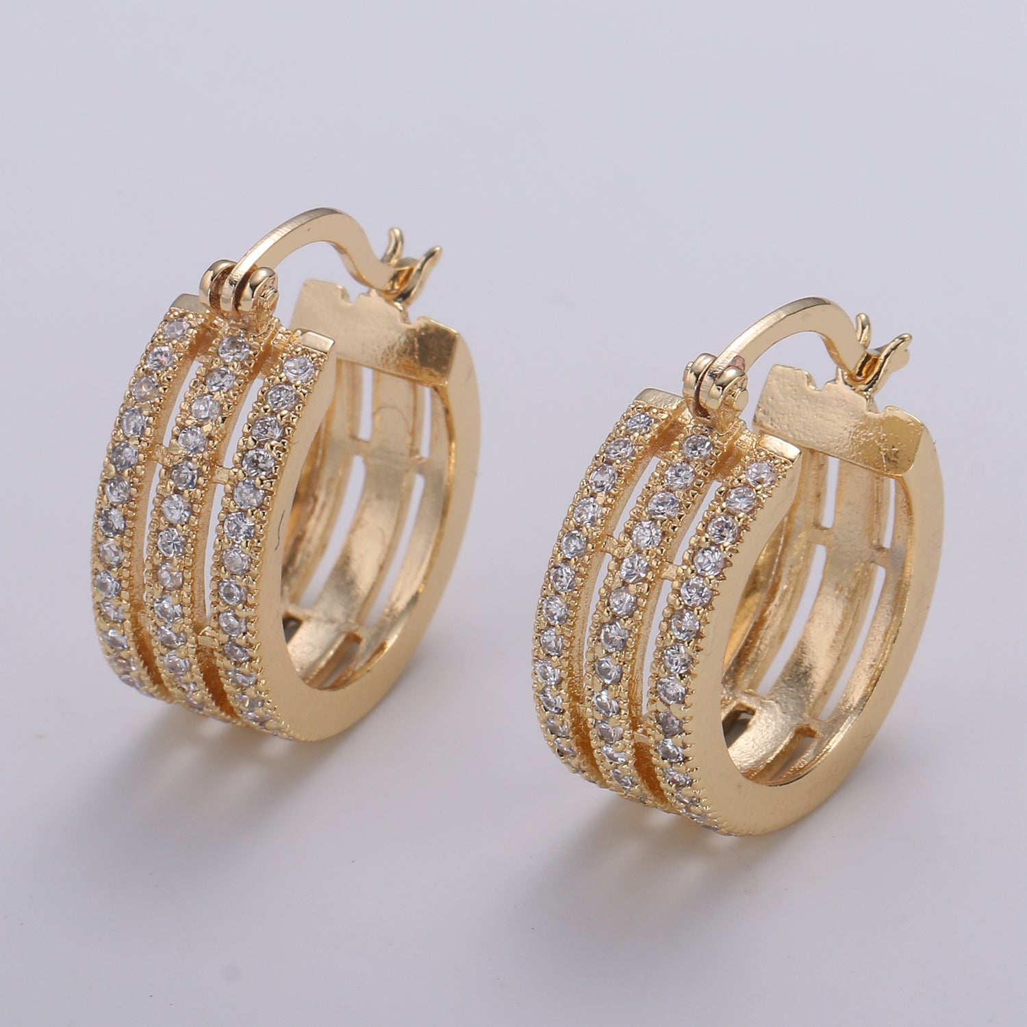 Gold Plated Triple Layered Circle Round Huggies Earring CZ Micro Pave Geometric Shape Earring Jewelry GP-661 - DLUXCA