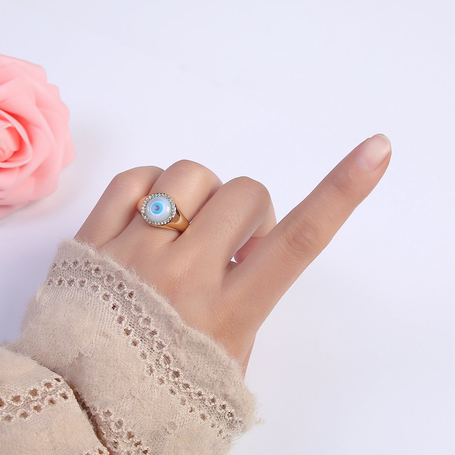 14K Gold Filled Micro Pave Evil Eye Blue Dome Ring Open Adjustable Ring U-474 - DLUXCA