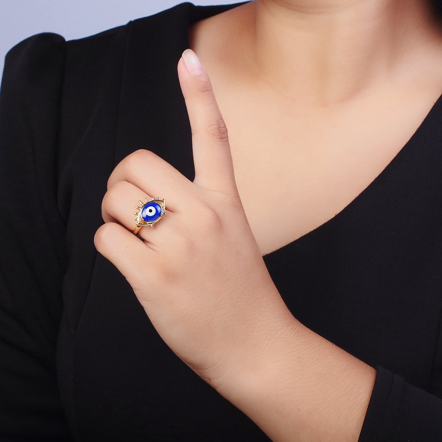 14K Gold Filled White, Blue Evil Eye Enamel Adjustable Ring | Y485 Y486 - DLUXCA