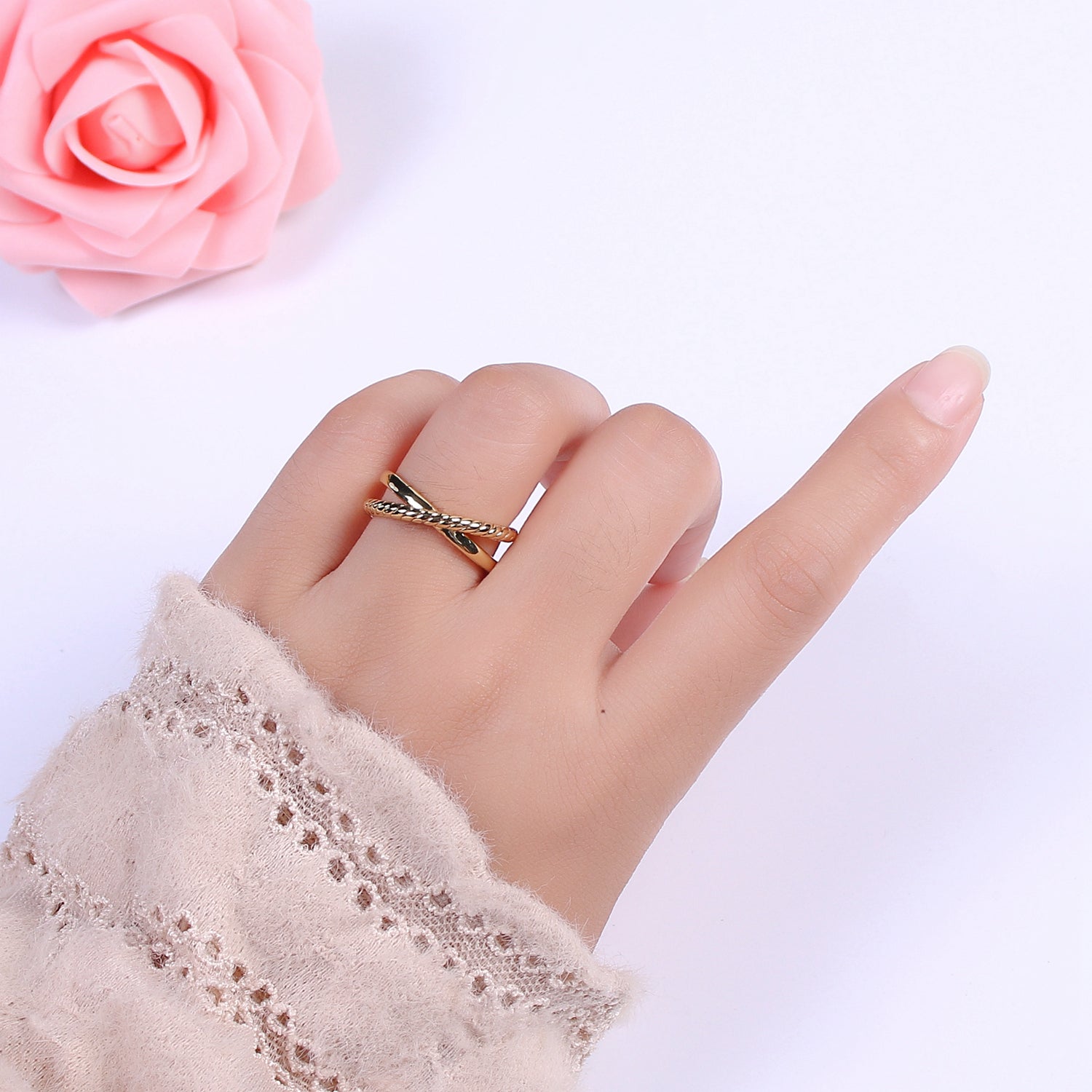 Dainty Crossing Ring, Open Adjustable Gold Ring, Minimalist Crossover Ring for Everyday Wear - DLUXCA