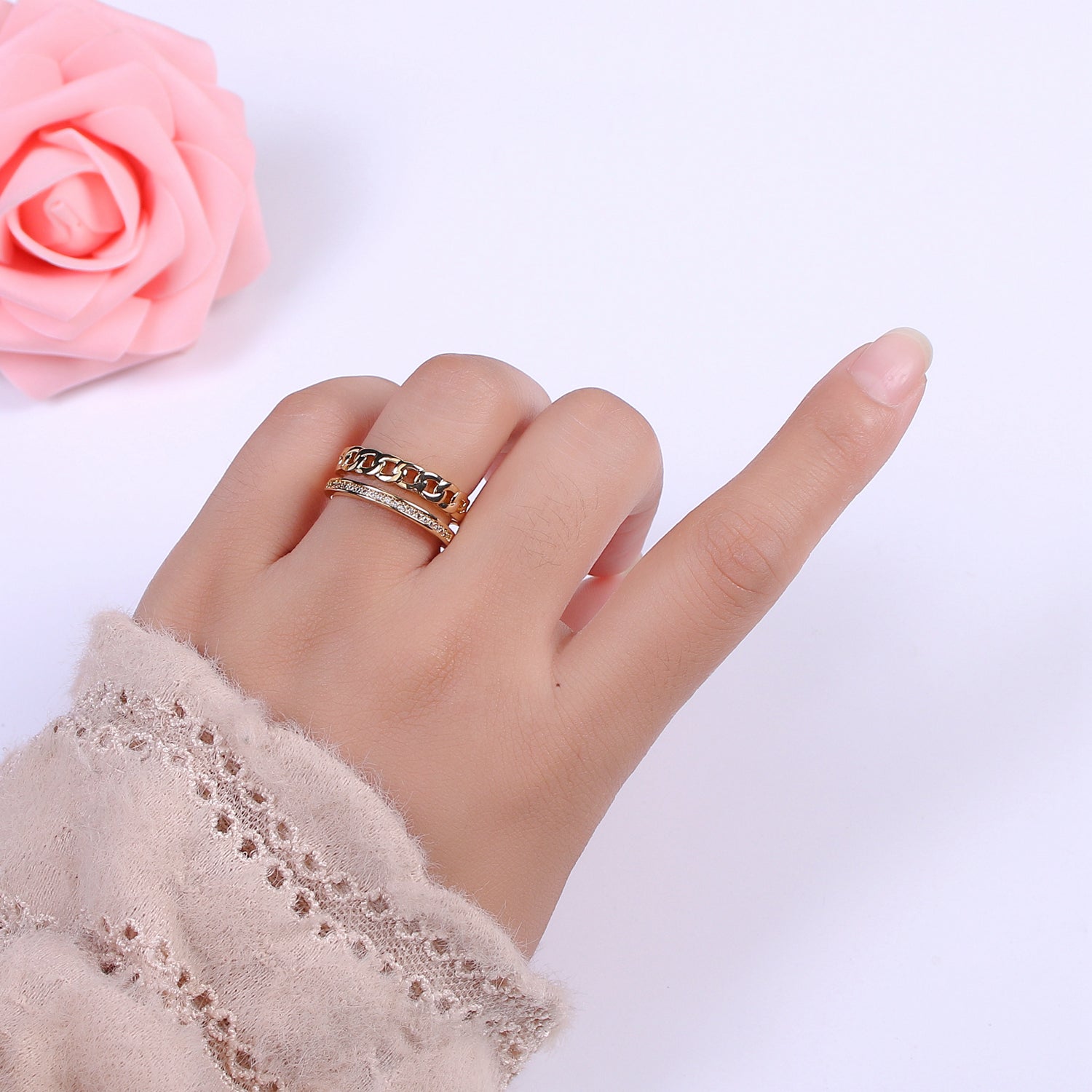 Double Band Chain Ring Design Gold Stackable Modern Minimalist Trending Ring Accessory - DLUXCA