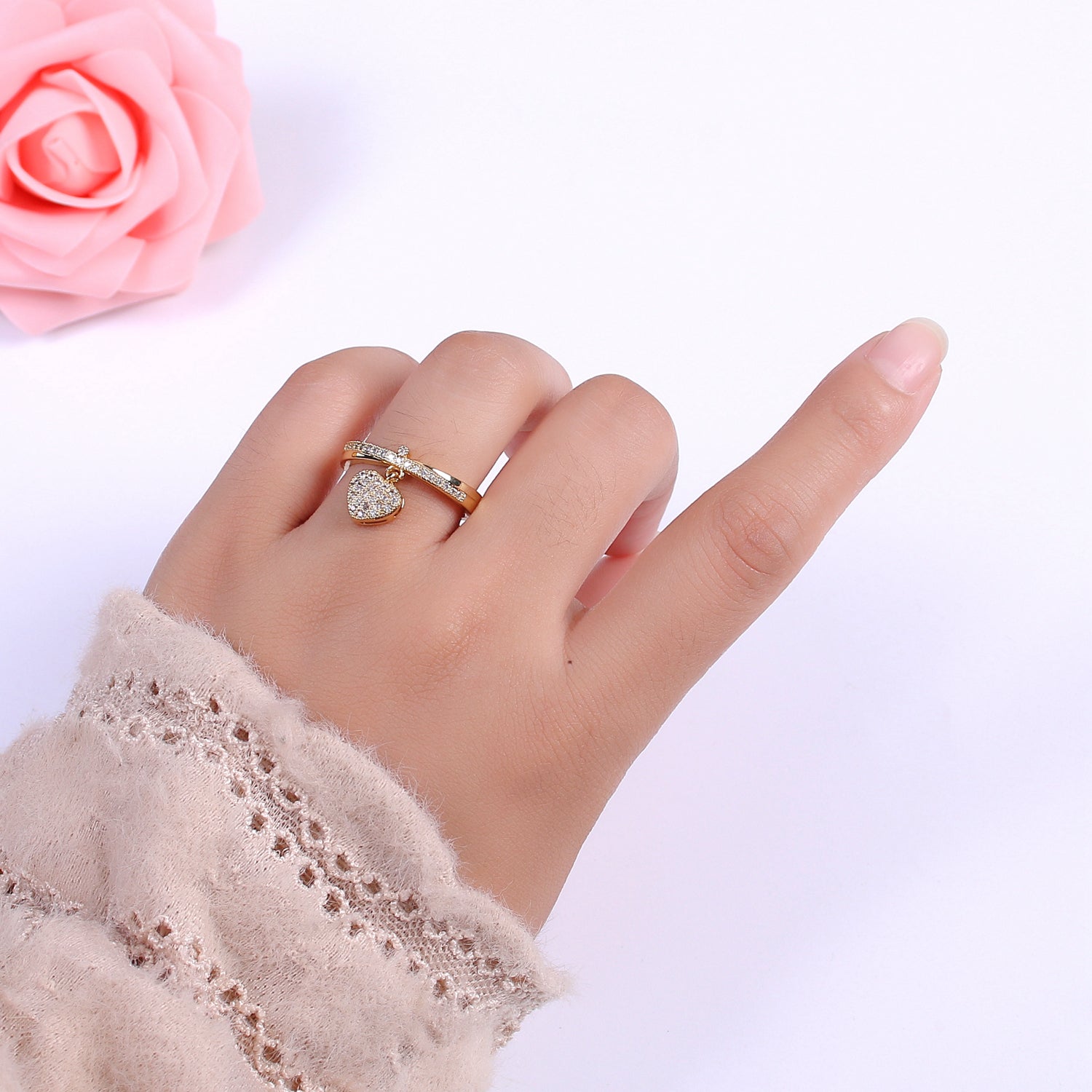 Dainty Cz Gold Heart ring - Stackable Heart Ring - CZ Rings - Dangle Love Adjustable Ring - DLUXCA