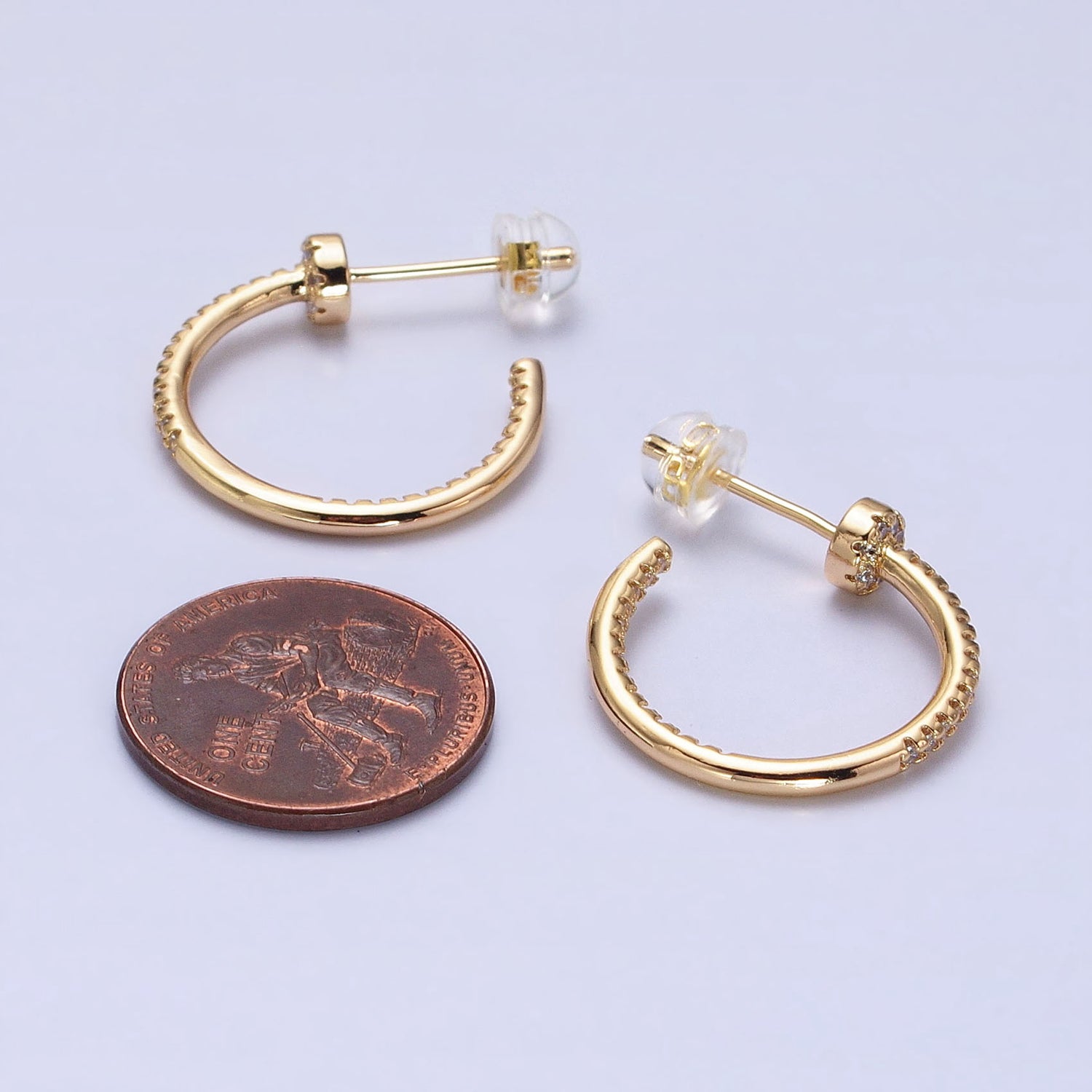 Gold, Silver Front-Sided Clear Micro Paved CZ Needle Hoop Earrings | AB370 AB371 - DLUXCA