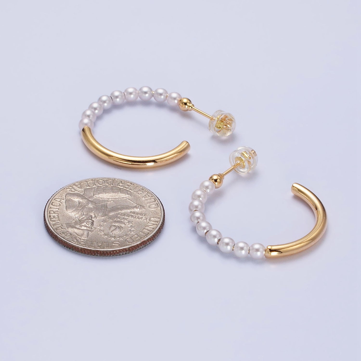 16K Gold Filled 25mm Half Pearl Hoop Earrings in Gold & Silver | AB366 AB367 - DLUXCA