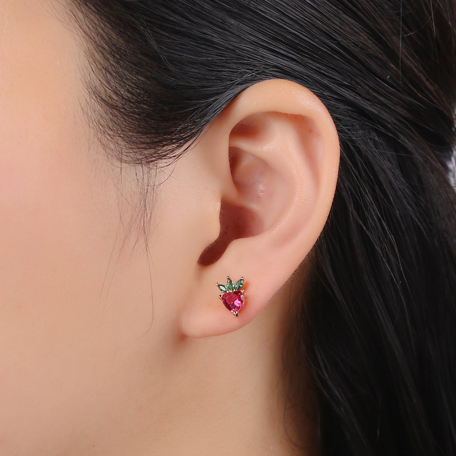 Gold Strawberry Stud Earring, Crystal Berry Studs, Strawberry Fruit Earring, Minimalist Earring, Dainty Earrings for Girls, Gift - DLUXCA
