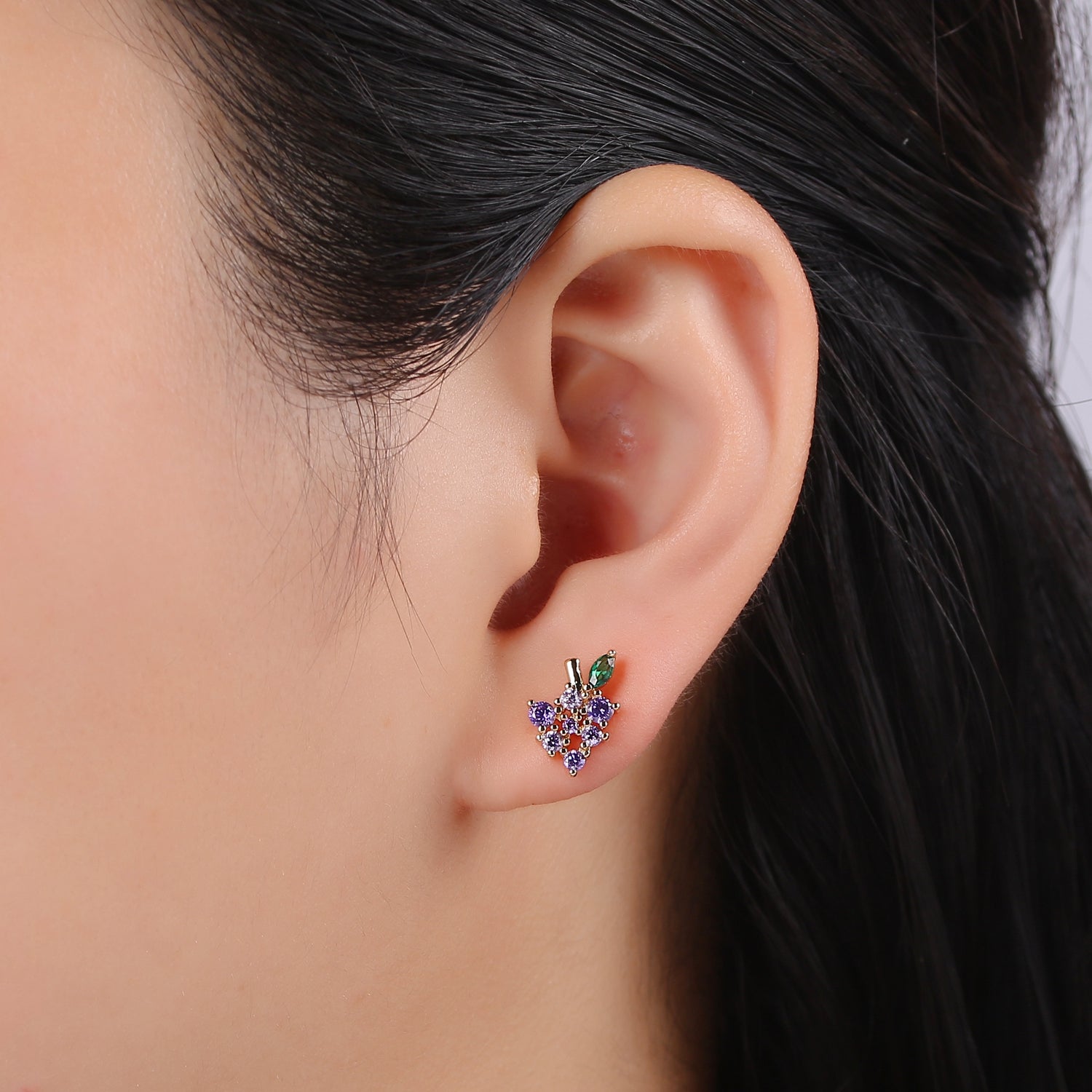 Gold Grape Stud Earring, Crystal Grape Studs, Grape Fruit Earring, Minimalist Earring, Dainty Earrings for Girls, Gift - DLUXCA
