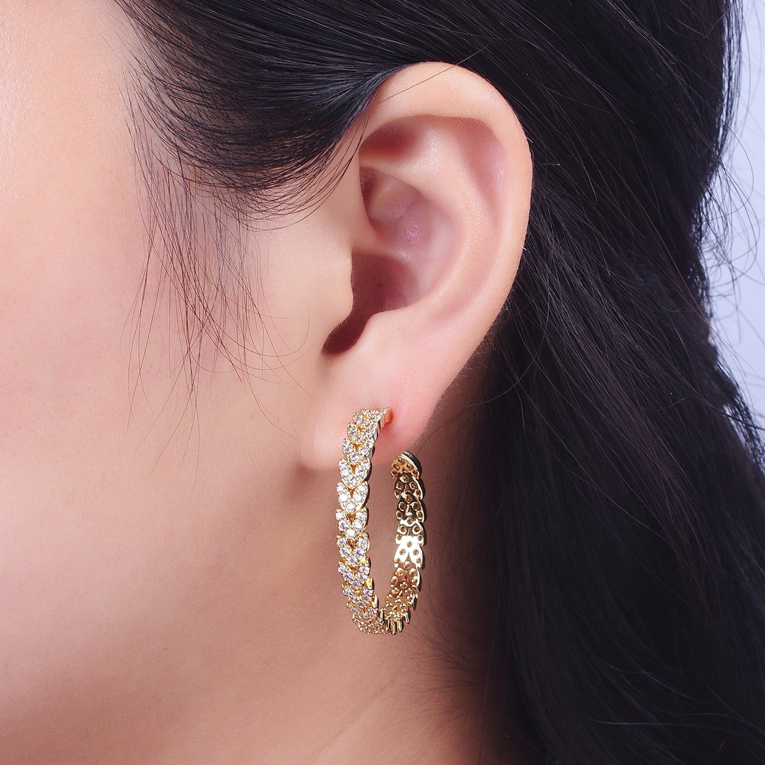Micro Paved CZ Gold Wreath Paddy Heart Statement C Shaped Hoops Stud Earrings | G586 G587 - DLUXCA