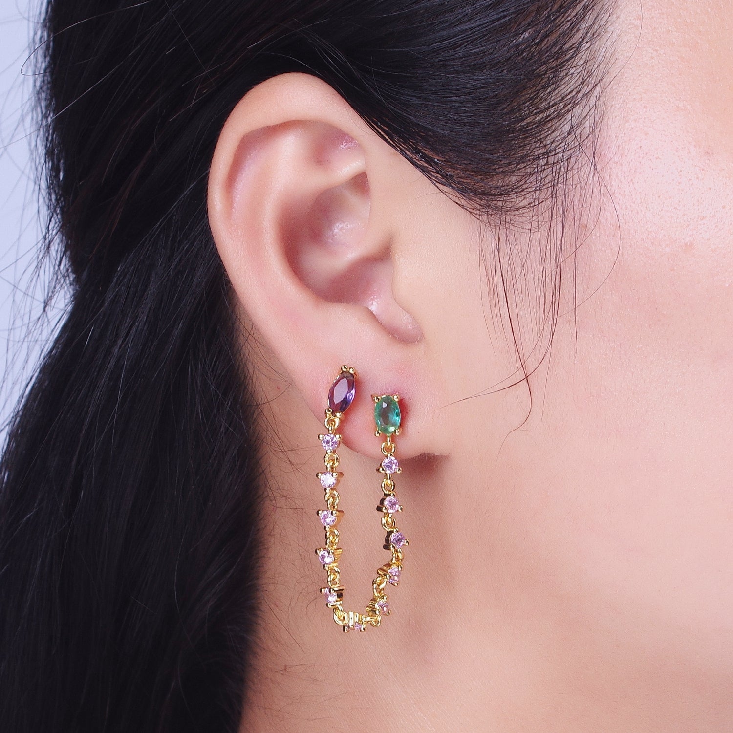 24K Gold Filled Pink Teal Multicolor Oval Double Cubic Zirconia Stud Chained Earrings | G919 - DLUXCA