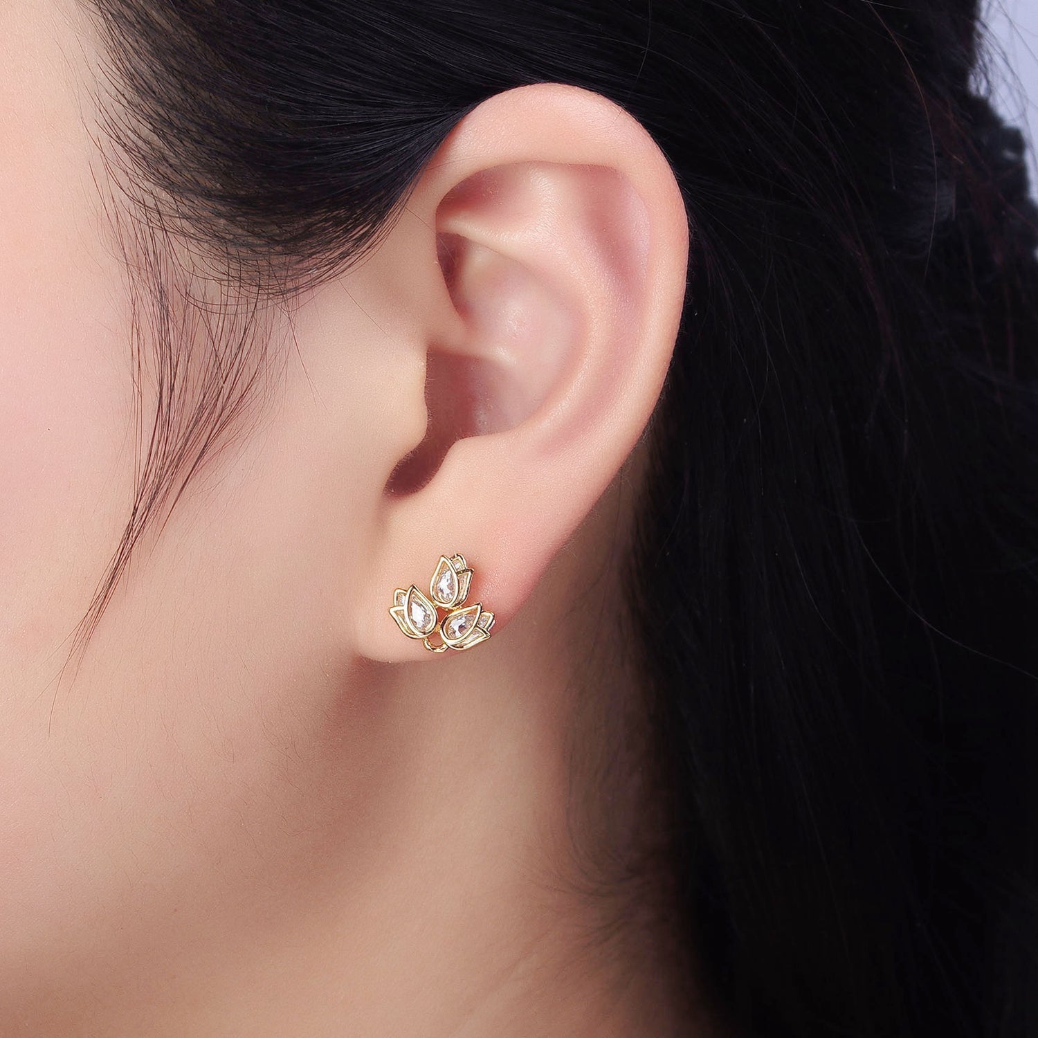 Gold Triple Tulip Nature Flower Clear CZ Stud Earrings | AB520 - DLUXCA