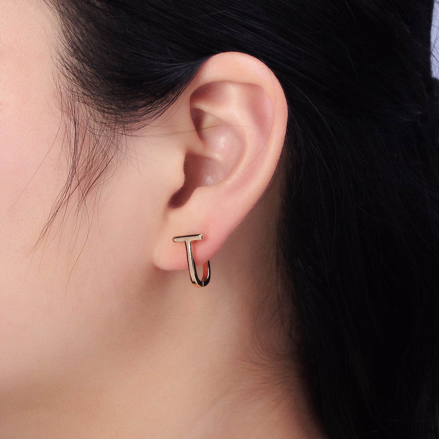 15mm T-Shaped Geometric Oblong U-Shaped Hoop Earrings in Gold & Silver | AB440 AB443 - DLUXCA