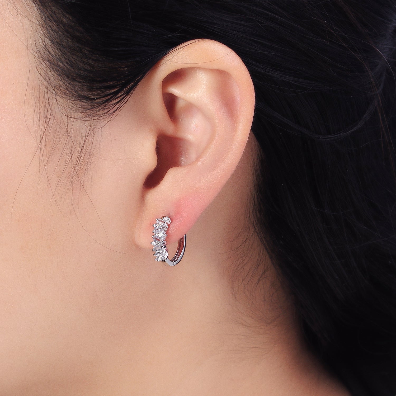 Gold, Silver Zig-Zag Clear Baguette CZ 15mm Huggie Hoop Earrings | AB522 AB527 - DLUXCA