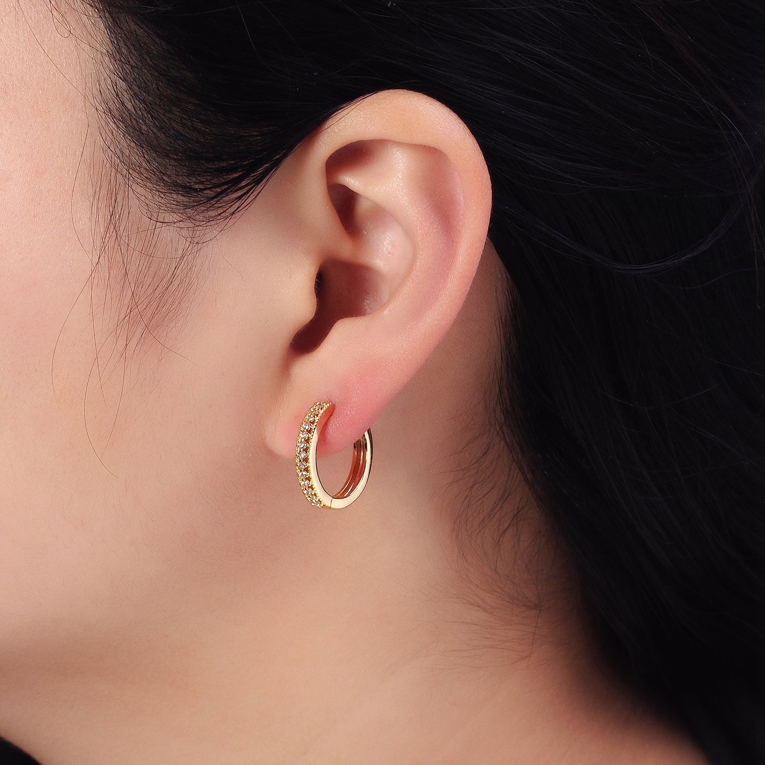 Gold, Silver Clear Round CZ Lined 18mm Minimalist Hoop Earrings | AB506 AB512 - DLUXCA