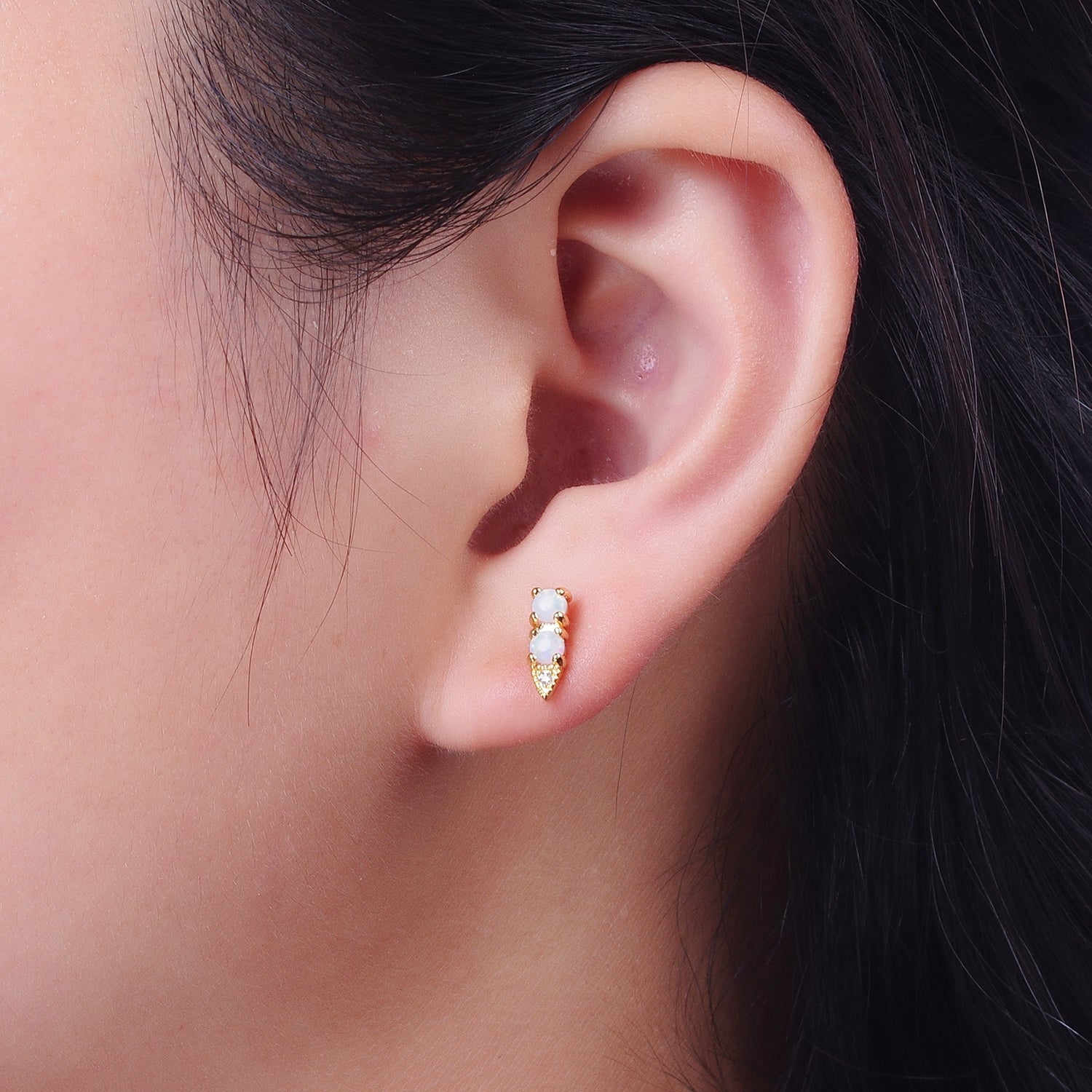 24K Gold Filled Double Two Round White Opal CZ Arrow Stud Earrings | Y041 - DLUXCA