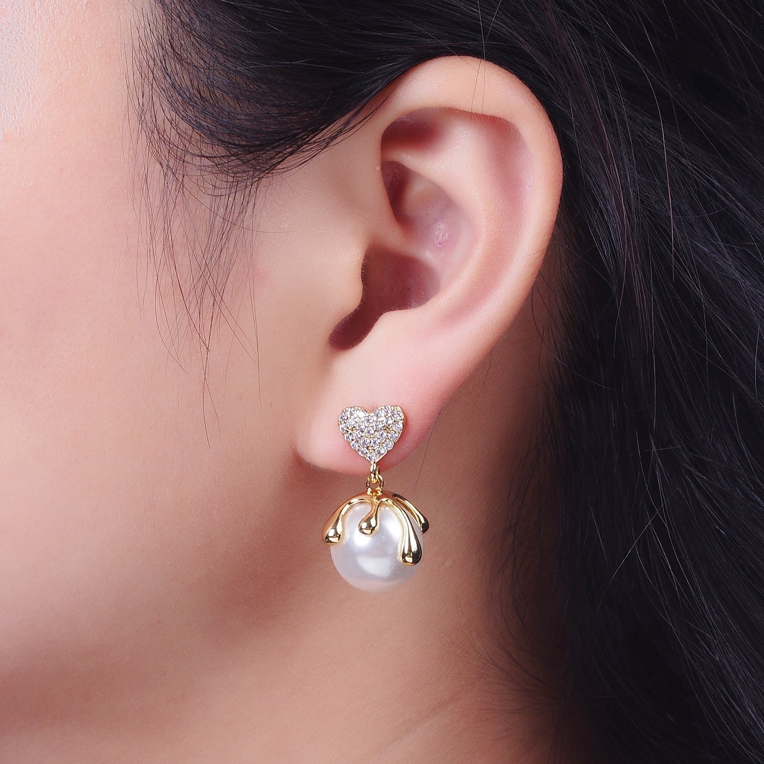 24K Gold Filled Micro Paved CZ Heart Love Drop Round White Pearl Geometric Drip Stud Earrings | Y032 - DLUXCA