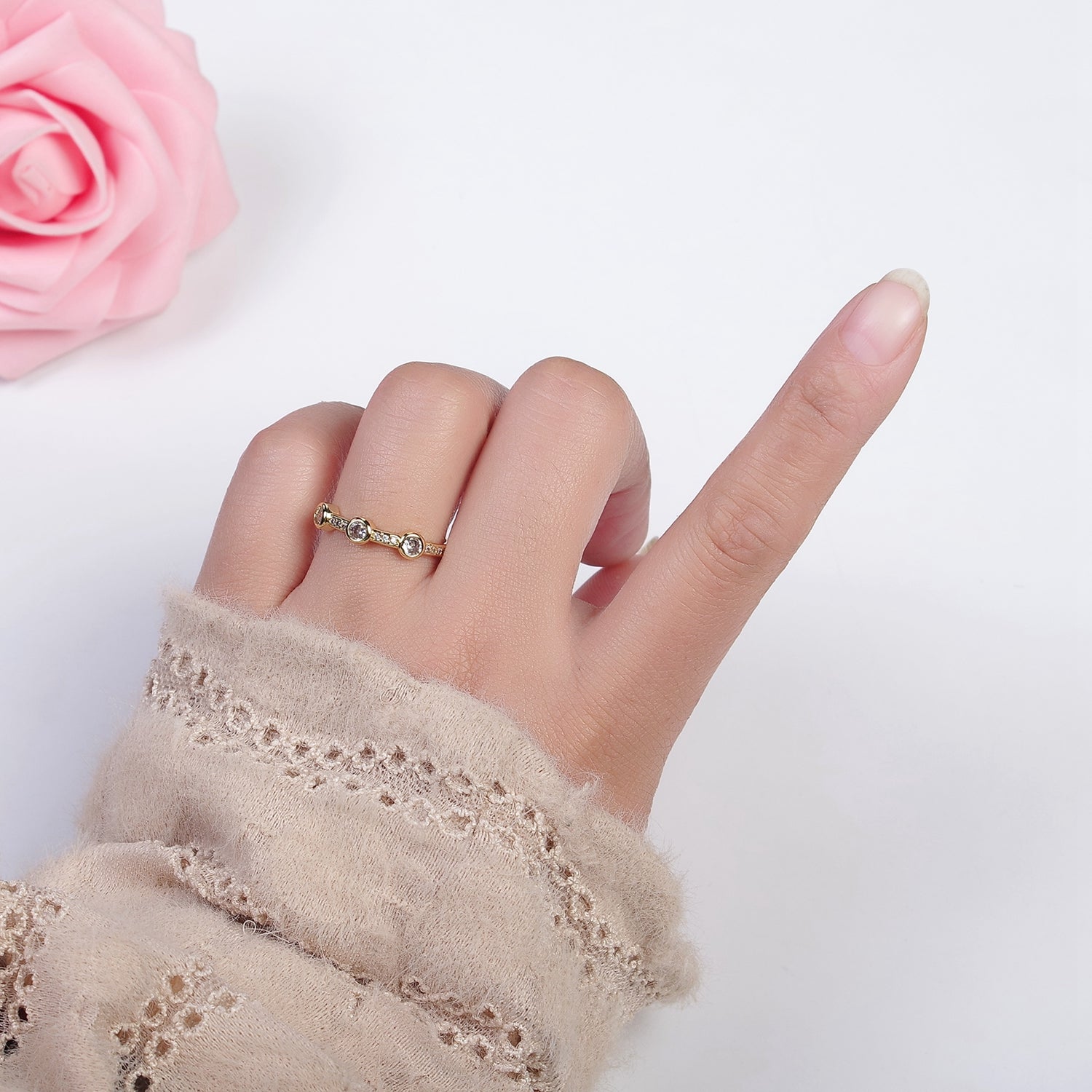 Dainty pink green clear stone ring stackable ring cubic cz gold ring v-260-v-261-v-262 - DLUXCA