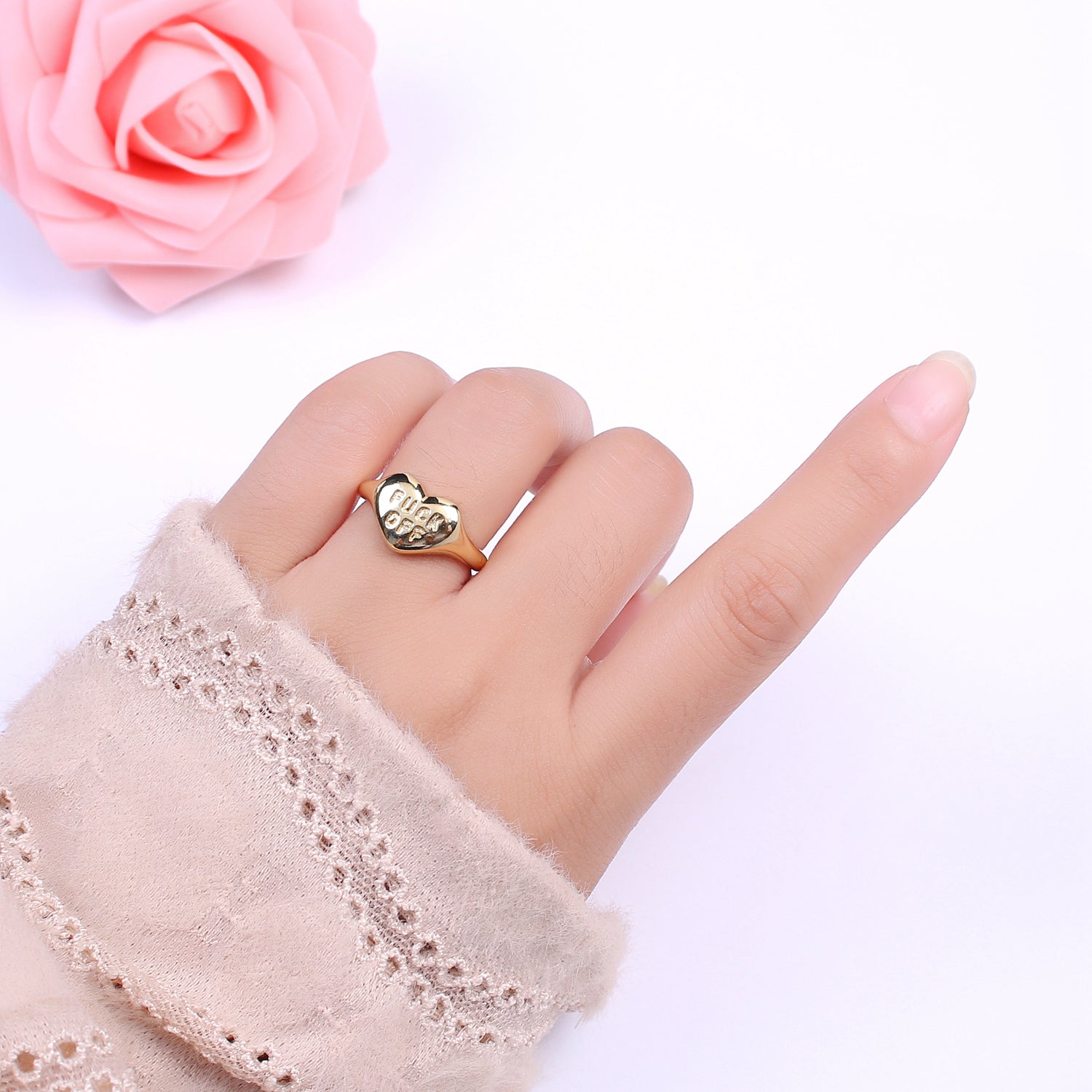 Gold Fuck Off Ring, Heart Shaped Signet, Fuckoff rings oval signet ring gold rings for women U132 - DLUXCA