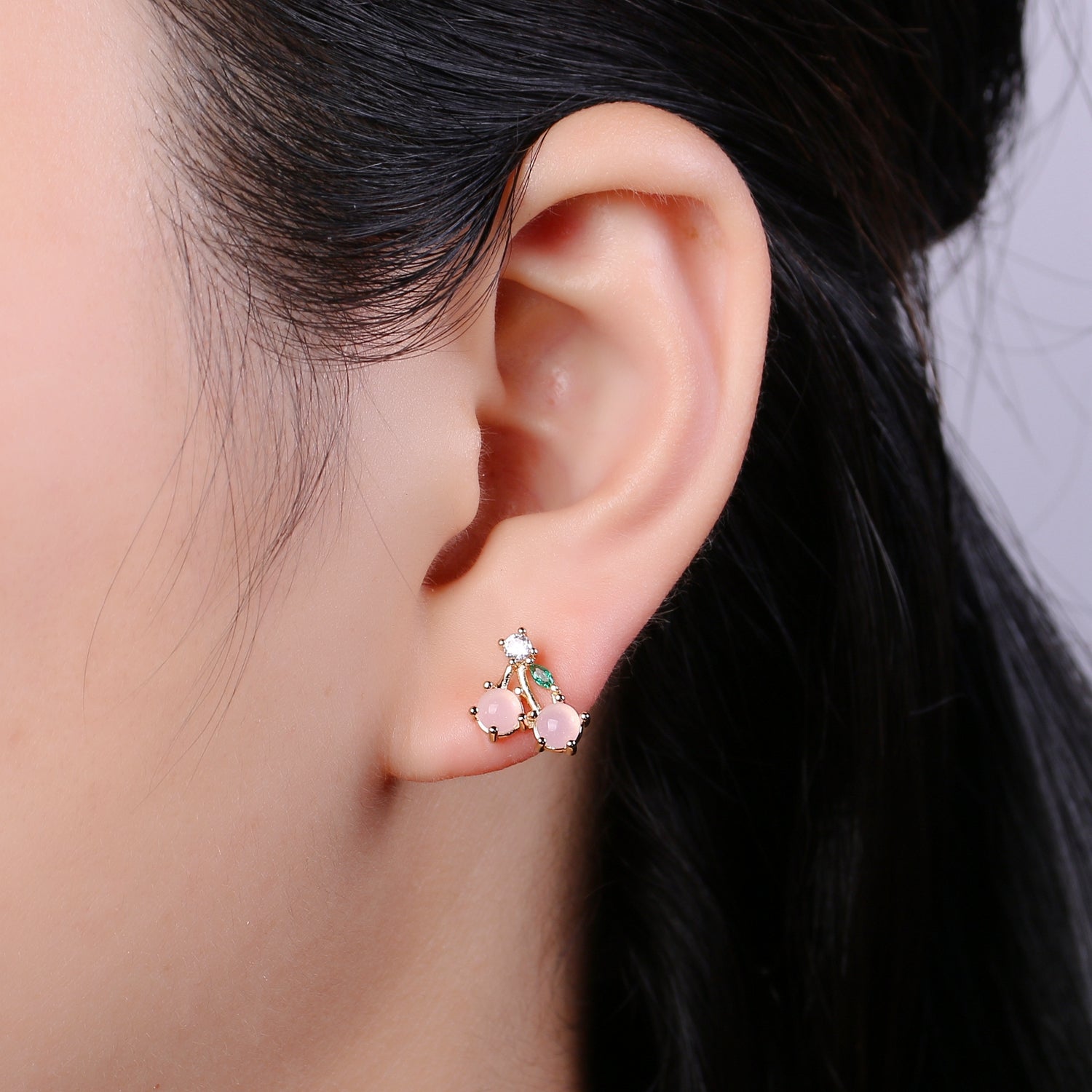 Gold Cherry Stud Earring, Crystal fruity Studs, Pink Cherry Earring, Minimalist Earring, Dainty Earrings for Girls Gift - DLUXCA