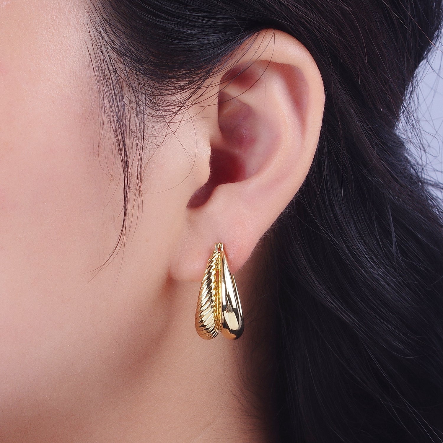 Gold Double Plain & Textured Dome Latch Hoop Earrings | Y079 - DLUXCA