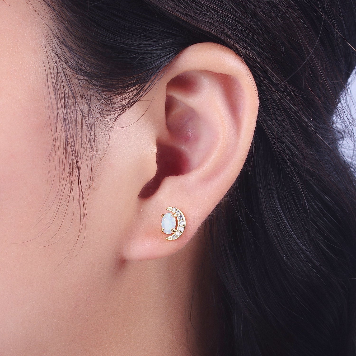 Mini 14K Gold Filled Micro Pave Crescent Moon CZ White Opal Stud Earrings | Y088 - DLUXCA