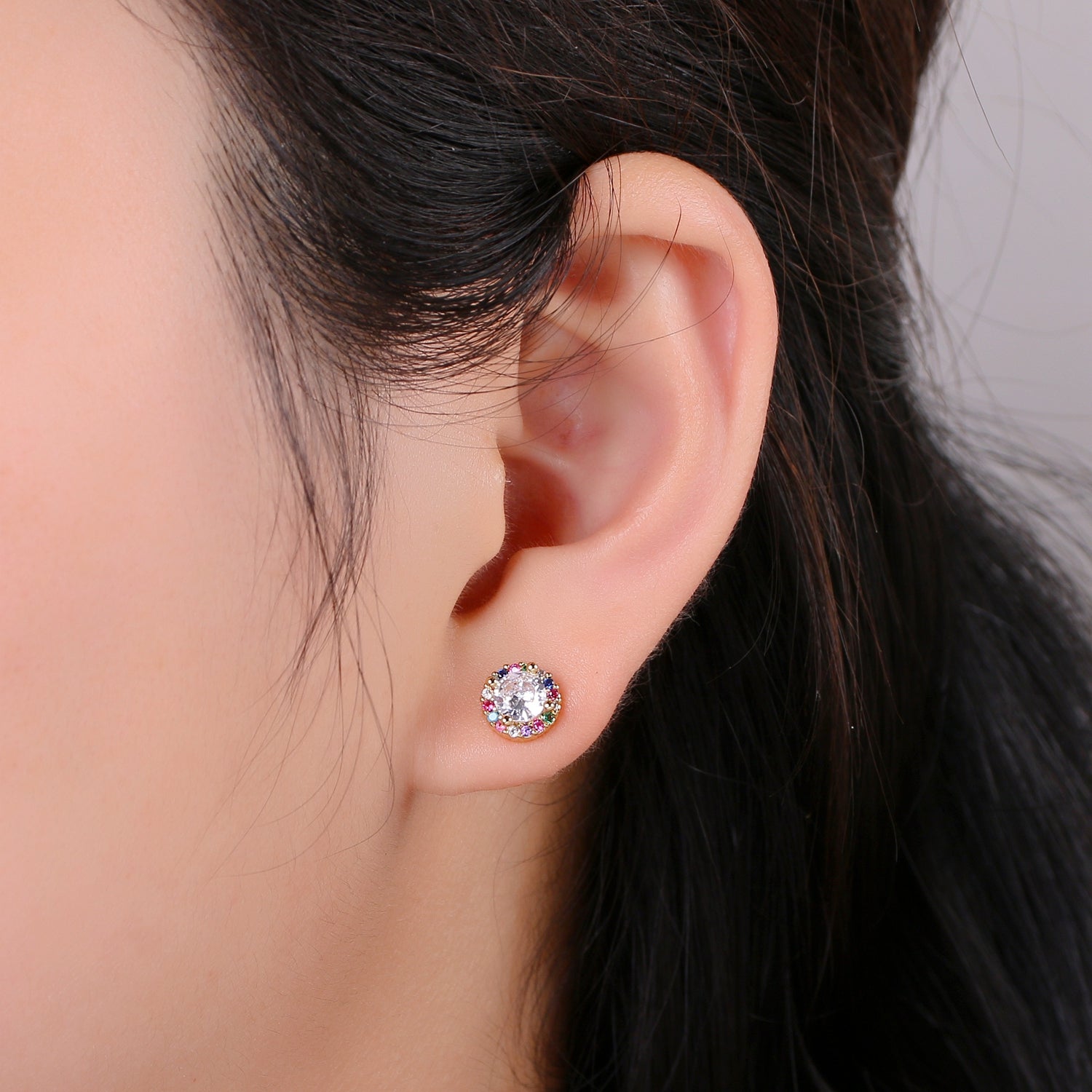 Gold Tiny Stud Earrings - Rainbow Micro Pave Studs - Dainty CZ Studs -5mm Round Crystal Small Stud Earrings - DLUXCA