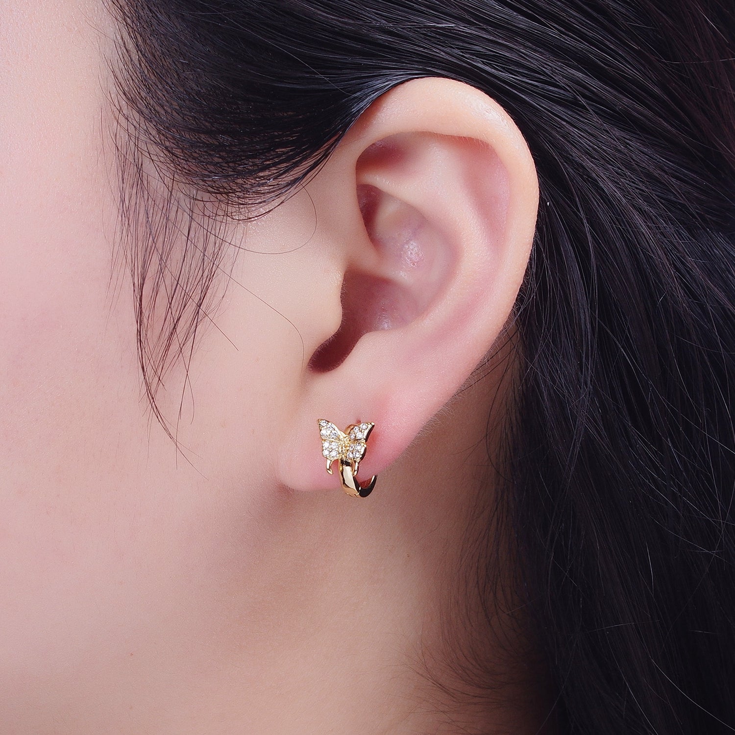 24K Gold Filled Micro Pave Mariposa Butterfly Huggie Hoop Earrings T-105 - DLUXCA