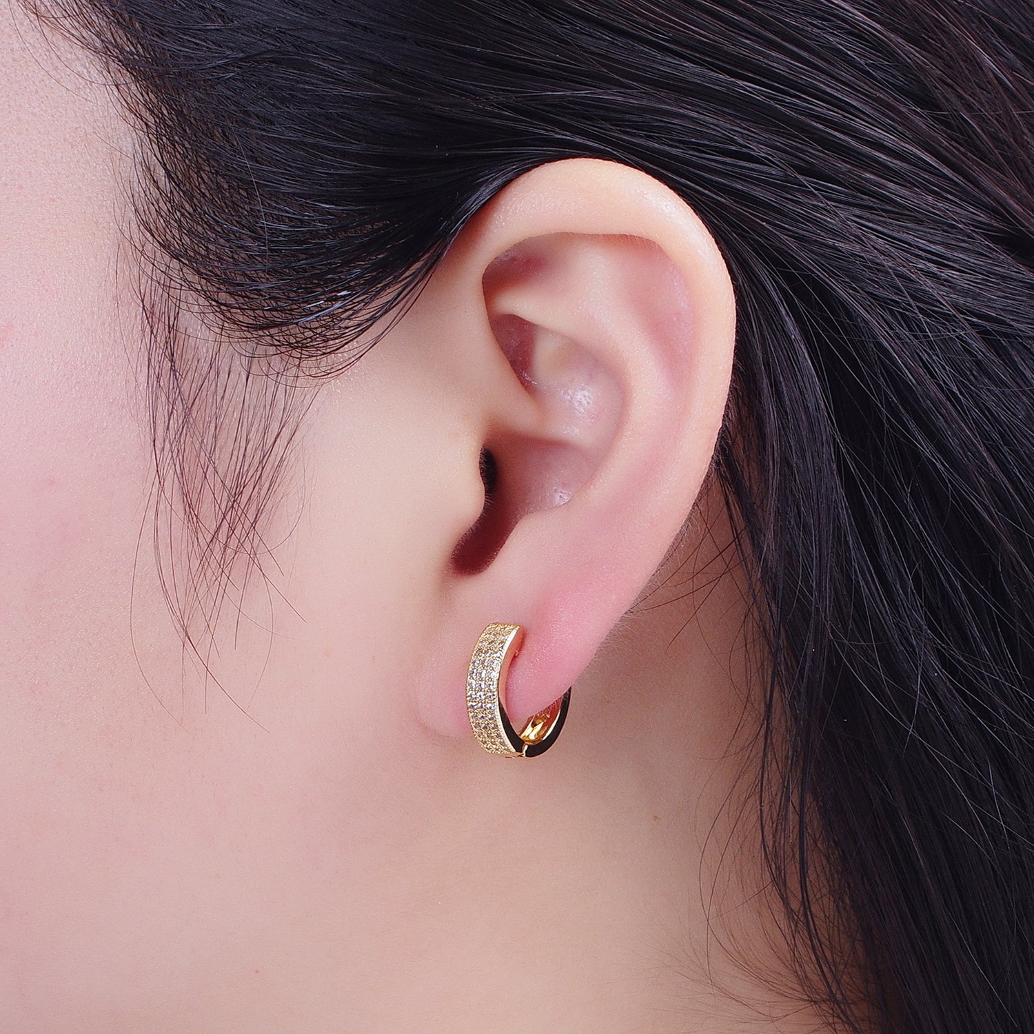 24K Gold Filled Micro Pave Cubic Zirconia 14x15.5mm Huggie Hoop Earrings  T-107 - DLUXCA