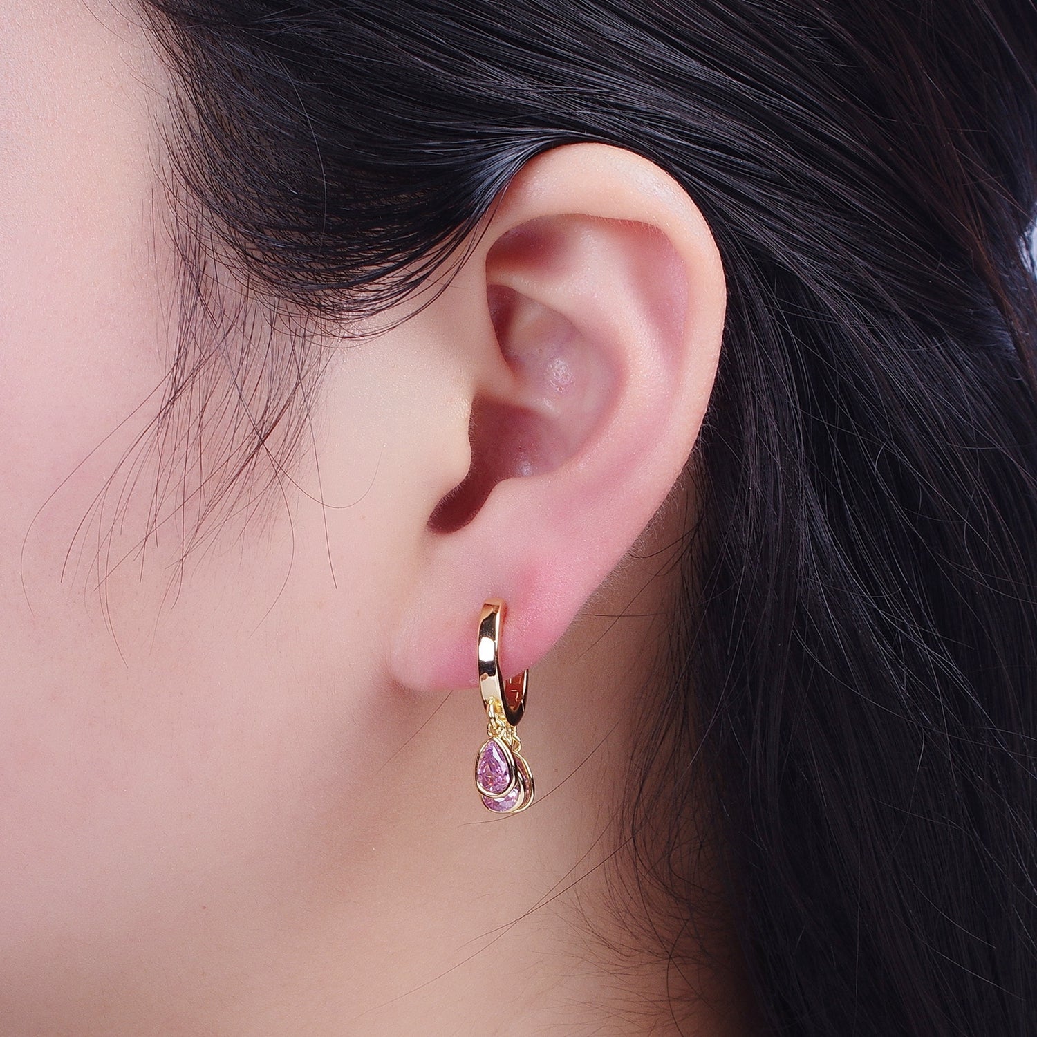 24K Gold Filled Three Pink Teardrop Cubic Zirconia Huggie Hoop Earrings T-175 - DLUXCA