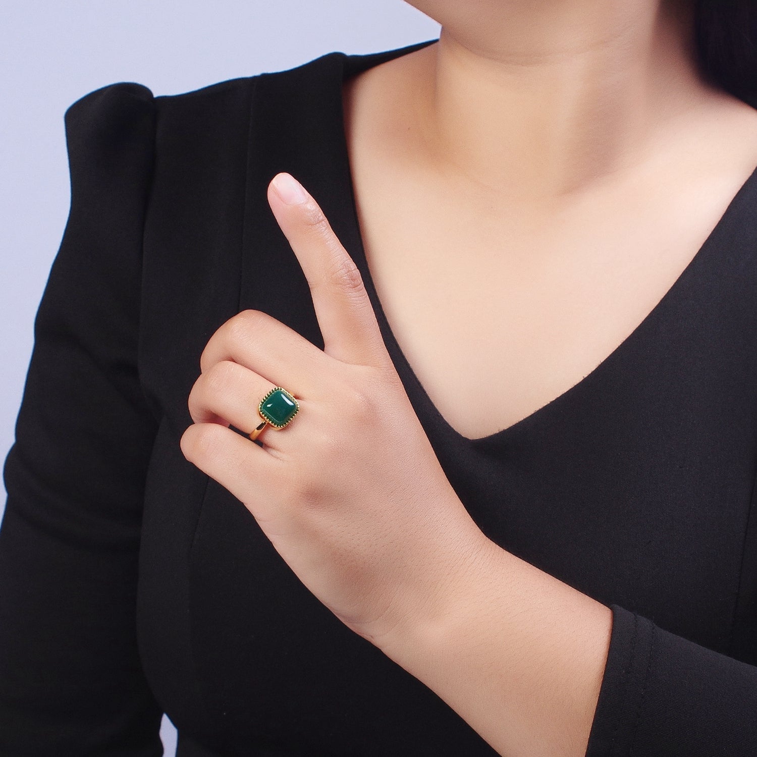 Natural Green Agate Rectangle Natural Stone Minimalist Adjustable Gold Ring | Y318 - DLUXCA