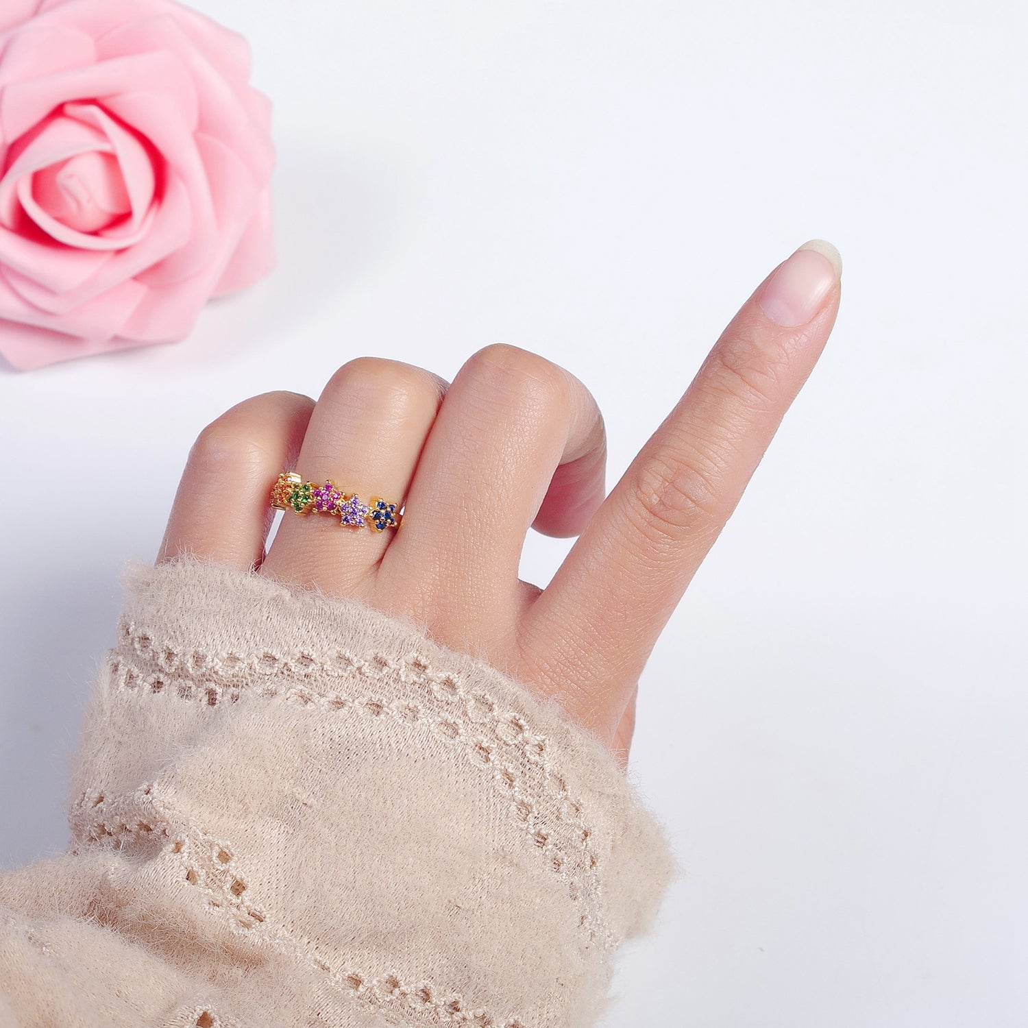 Dainty Gold Star Ring Multi Color Cz Ring V-283 - DLUXCA