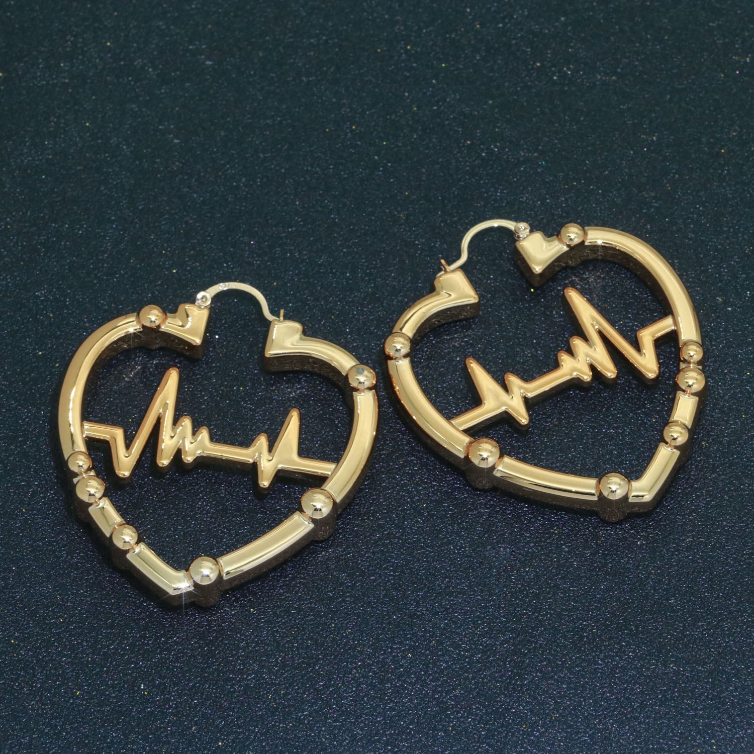 Gold / Silver Bamboo Hoop Earrings, 18K Gold Filled Hoops Heart Beat Medium Earring Lightweight Statement Hoop - DLUXCA