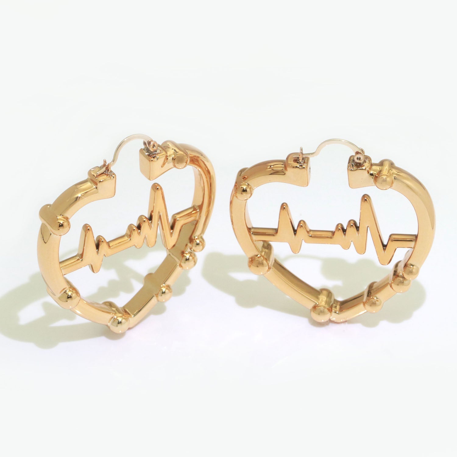 Gold / Silver Bamboo Hoop Earrings, 18K Gold Filled Hoops Heart Beat Medium Earring Lightweight Statement Hoop - DLUXCA