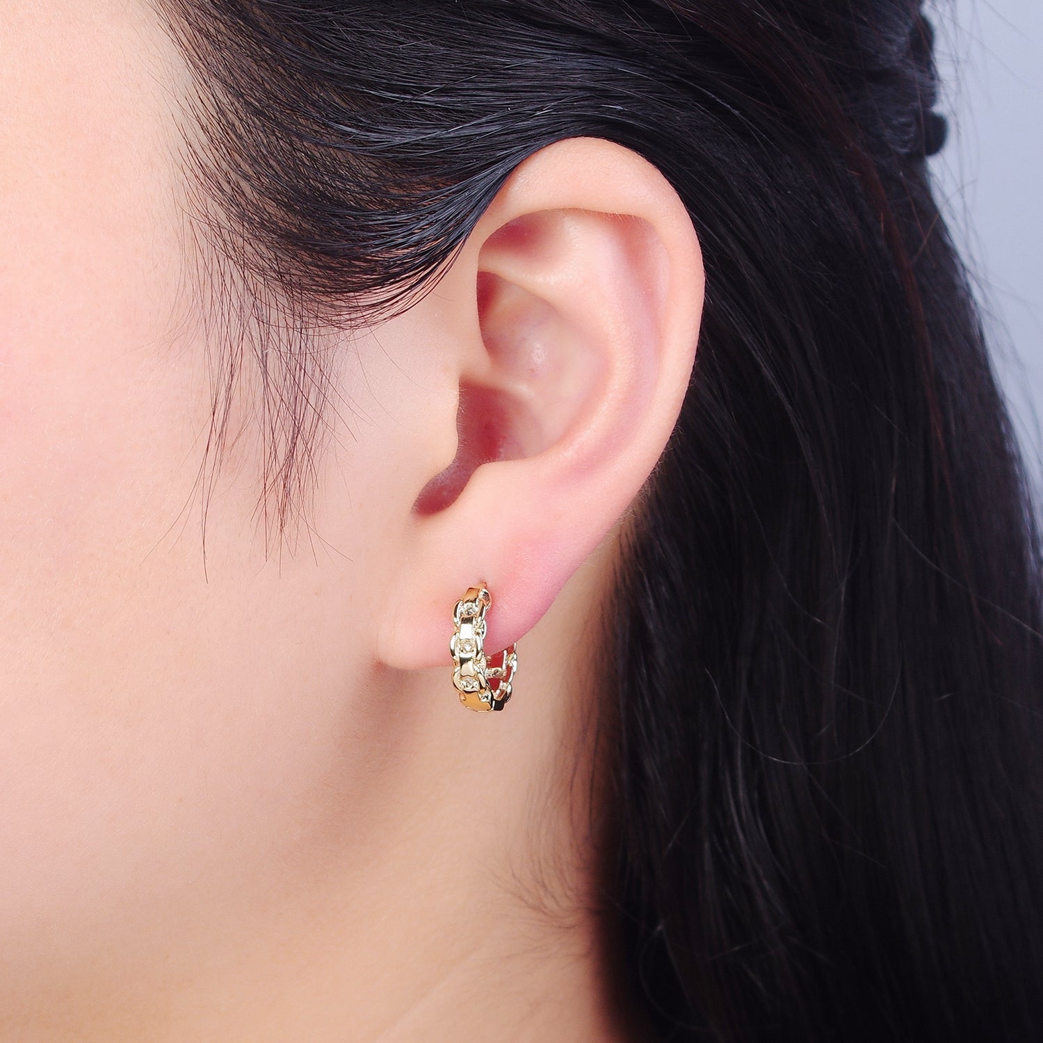 14K Gold Filled Braided Rolo Chain Link Huggie Hoop Earrings W660 - DLUXCA