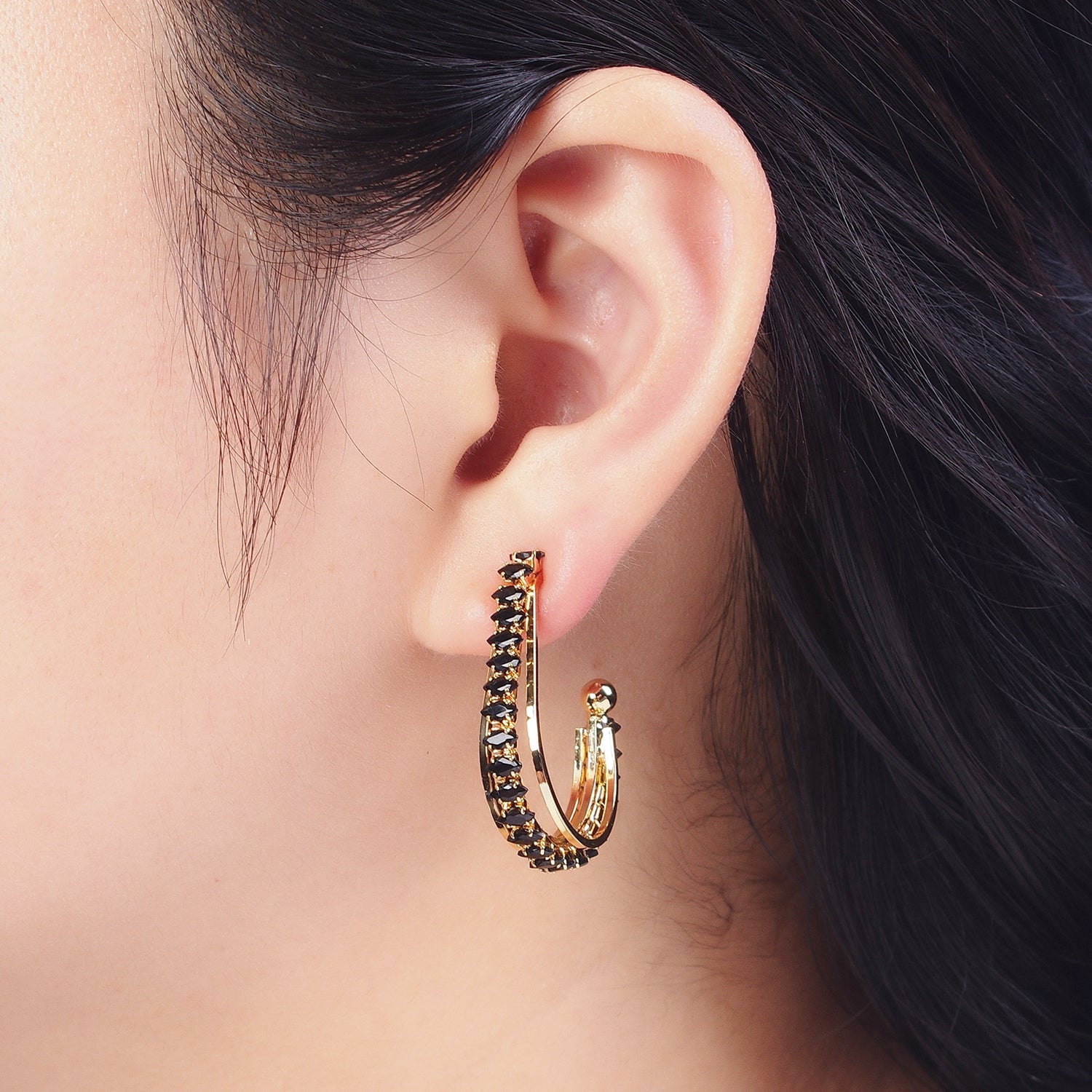 24K Gold Filled Marquise Cubic Zirconia Multiple Band J-Hoop Stud Earrings | X841 X884-X890 - DLUXCA